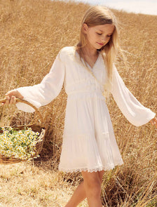 Everly Teen Lace Trim Dress White Cloud