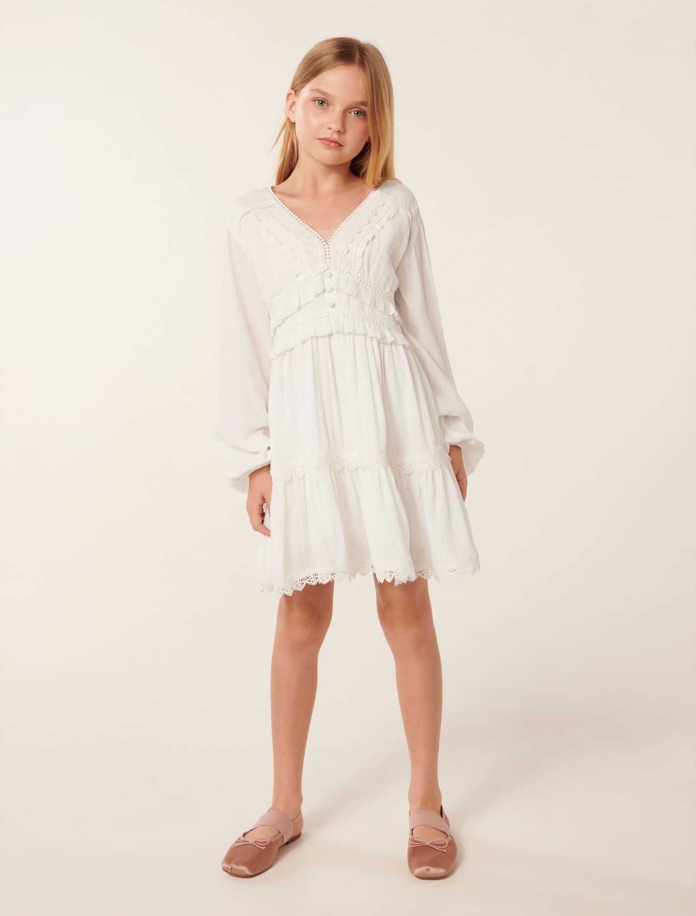 Everly Teen Lace Trim Dress White Cloud