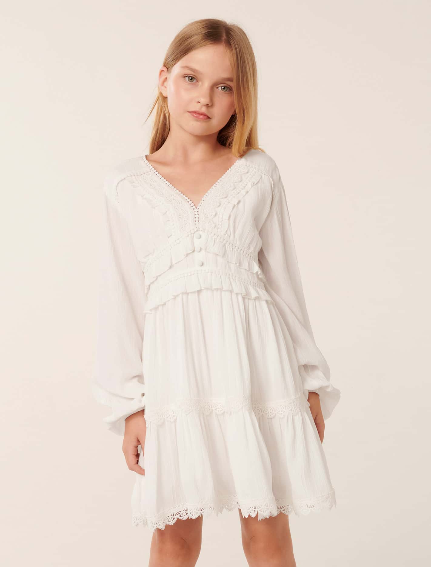 Everly Teen Lace Trim Dress White Cloud