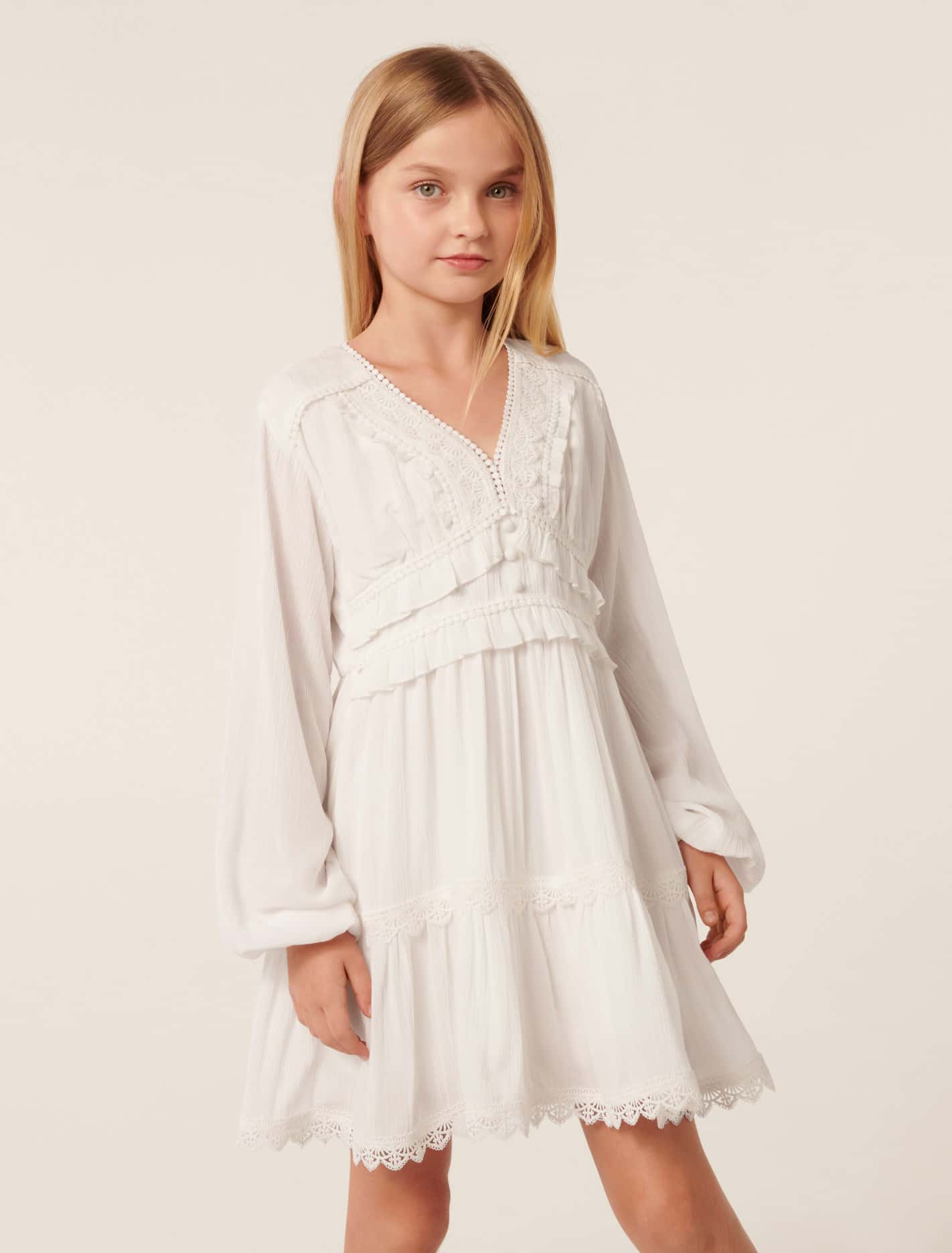 Everly Teen Lace Trim Dress White Cloud