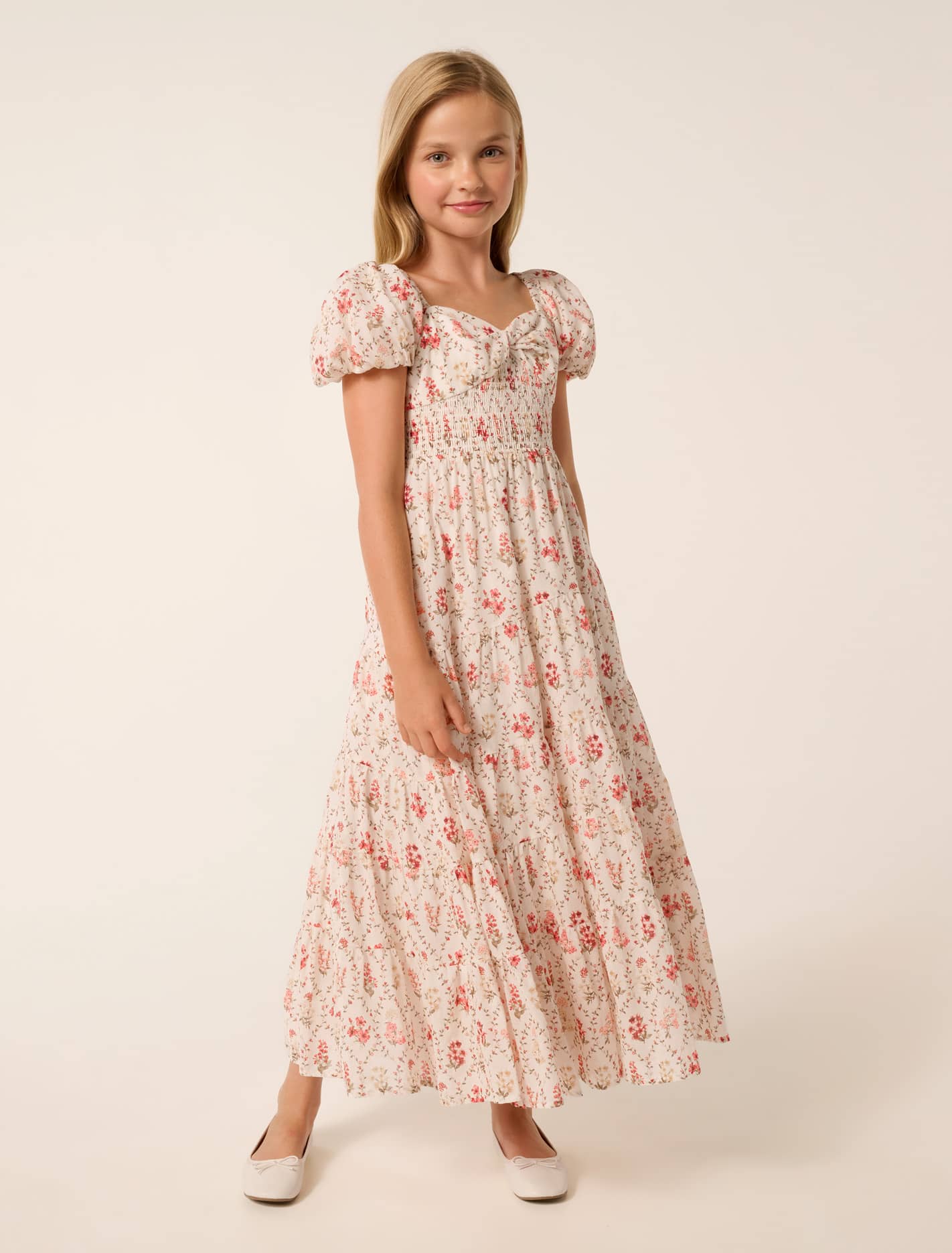 Mini Teen Puff Sleeve Maxi Dress Trellis Floral