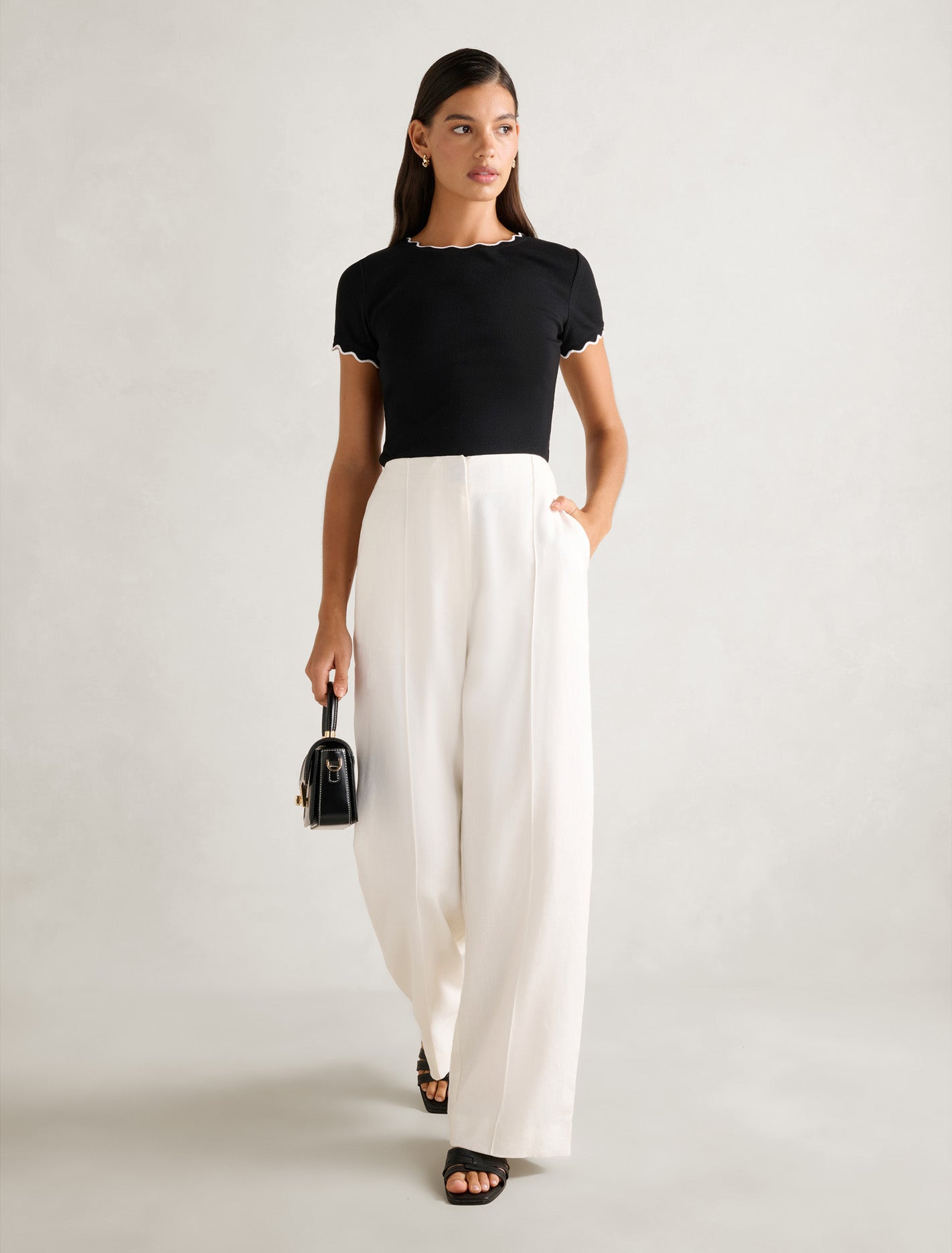 Rebecca Scallop Trim Top Black & Porcelain