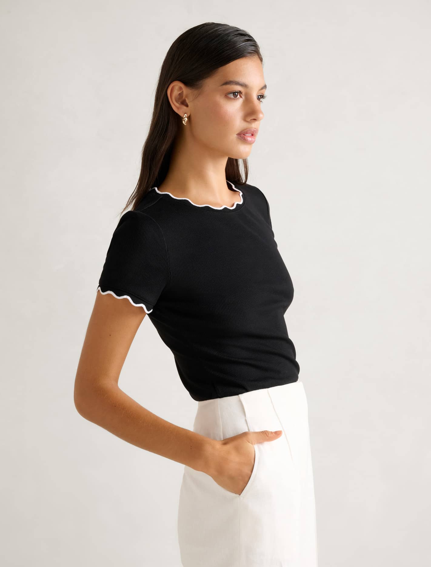 Rebecca Scallop Trim Top Black & Porcelain