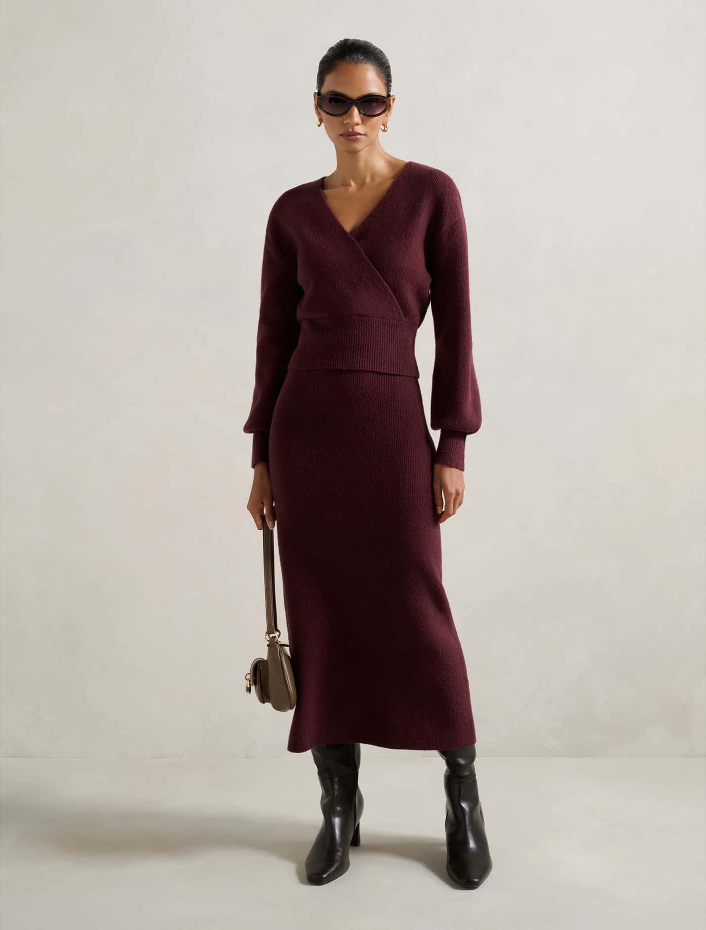 Sloane Petite Wrap Knit Sweater Mulled Wine