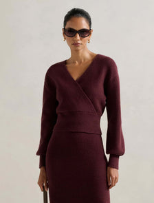 Sloane Petite Wrap Knit Sweater Mulled Wine