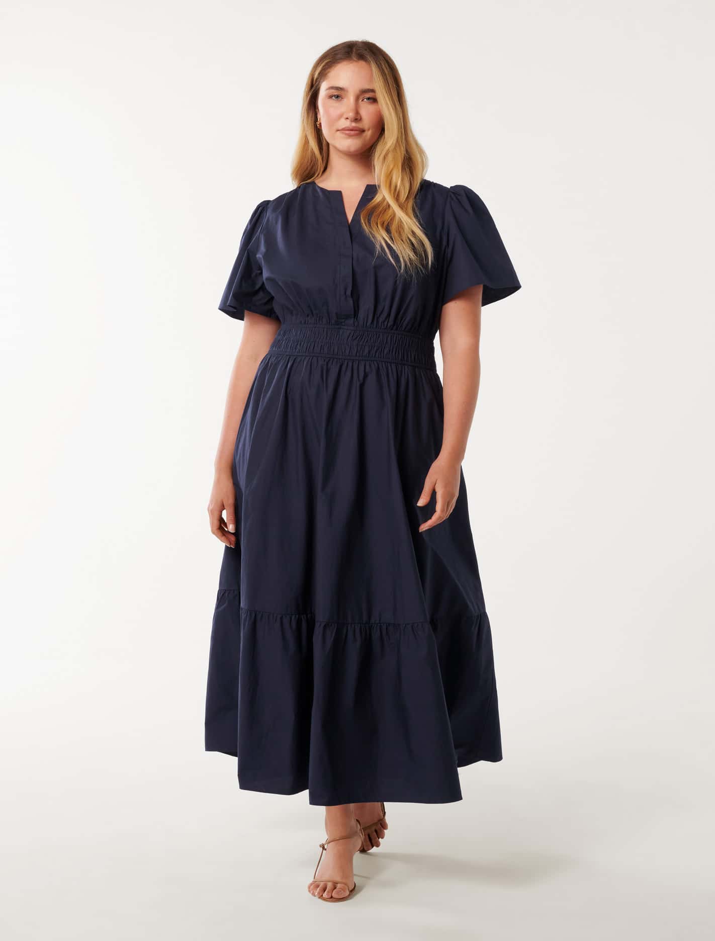 Eleanor Curve Puff Sleeve Tiered Midi Navy
