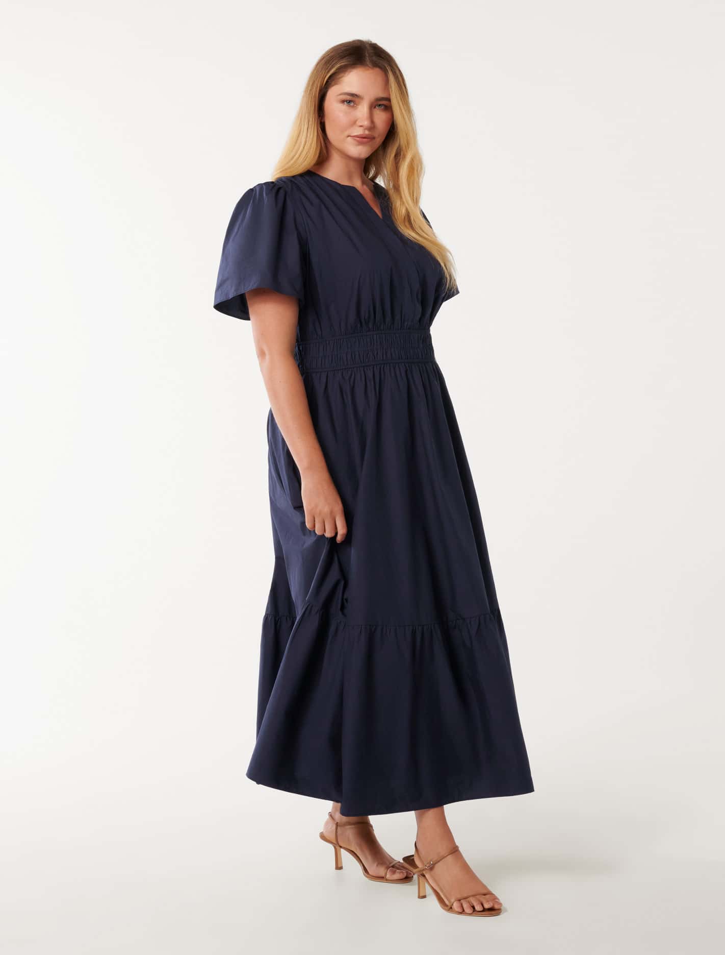 Eleanor Curve Puff Sleeve Tiered Midi Navy