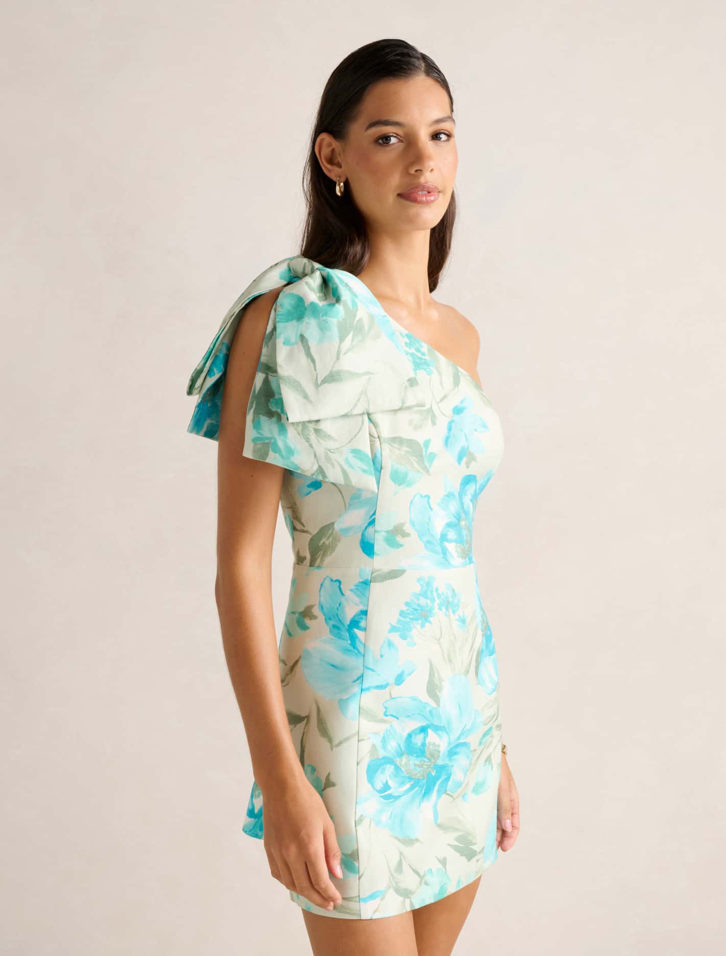 Darcy One Shoulder Bow Mini Dress Mint Lyell Floral