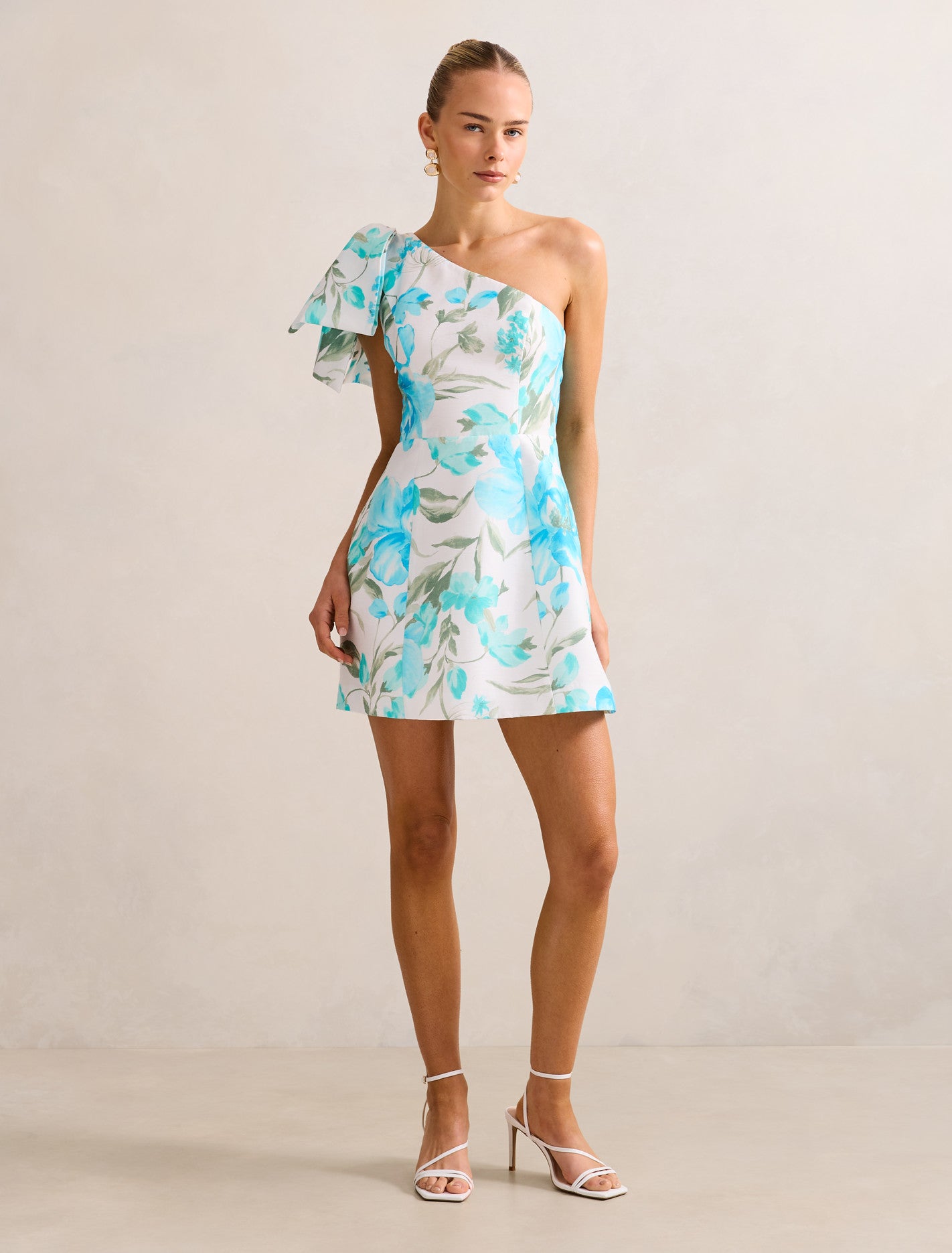 Darcy One Shoulder Bow Mini Blue Lyell Floral