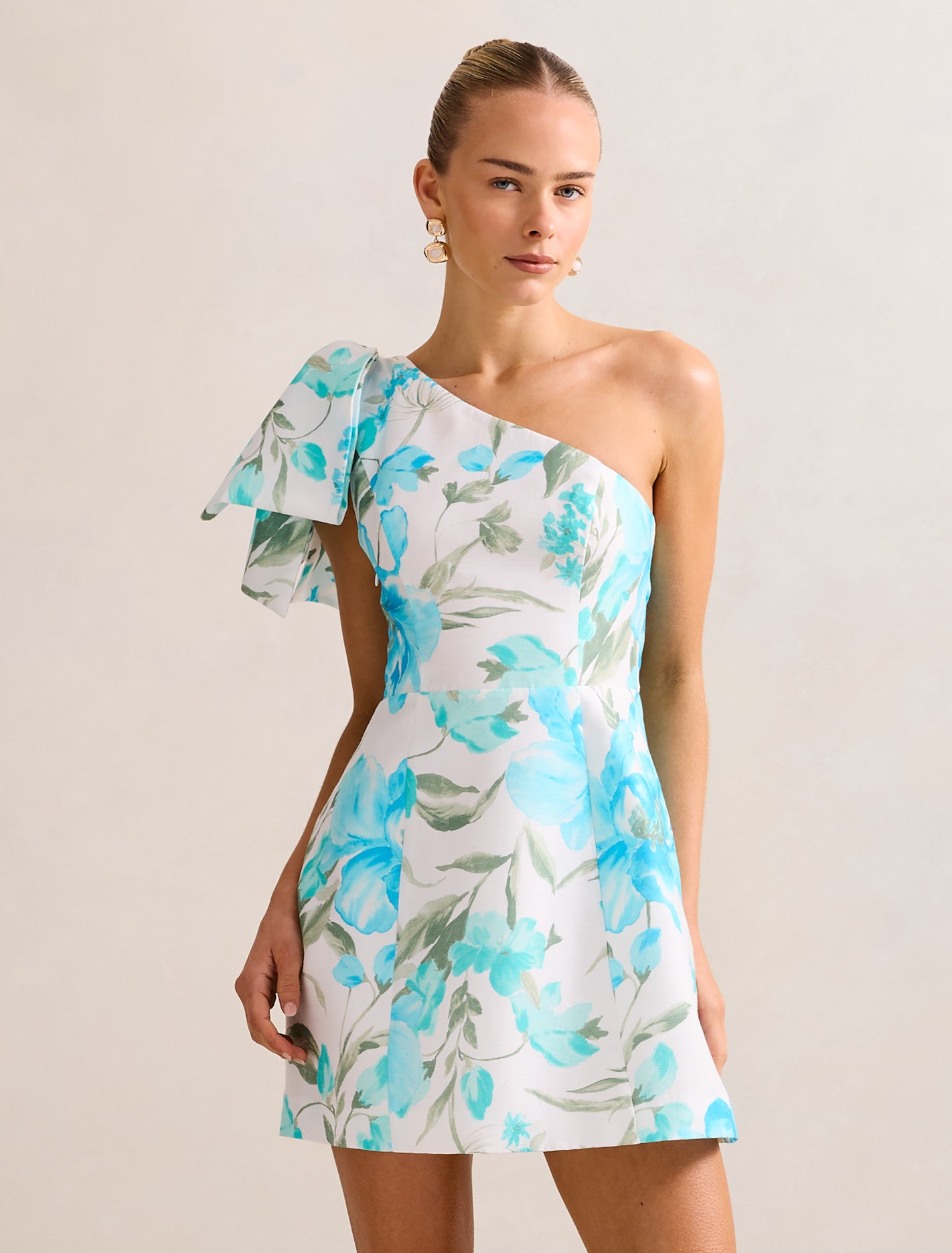 Darcy One Shoulder Bow Mini Blue Lyell Floral