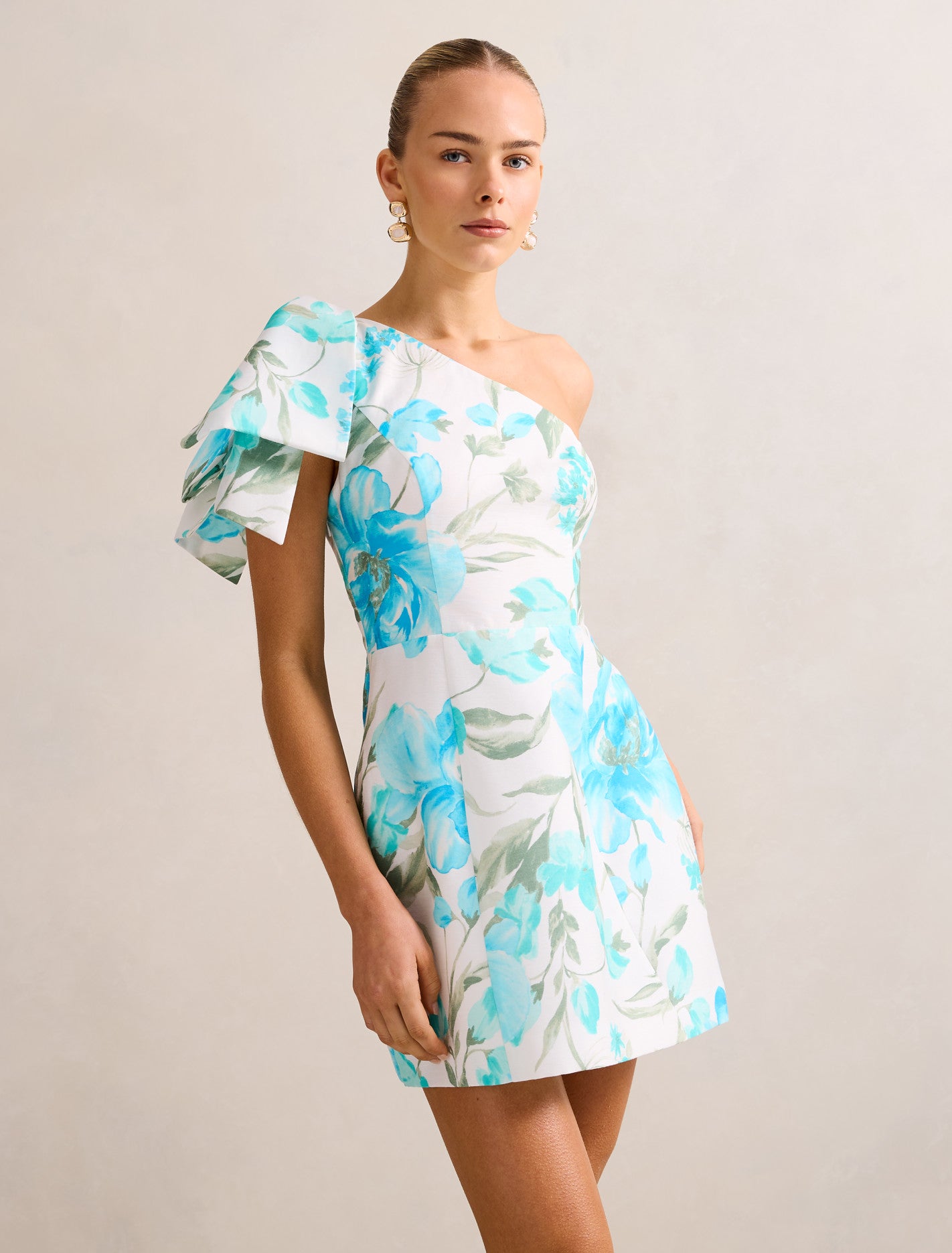 Darcy One Shoulder Bow Mini Blue Lyell Floral