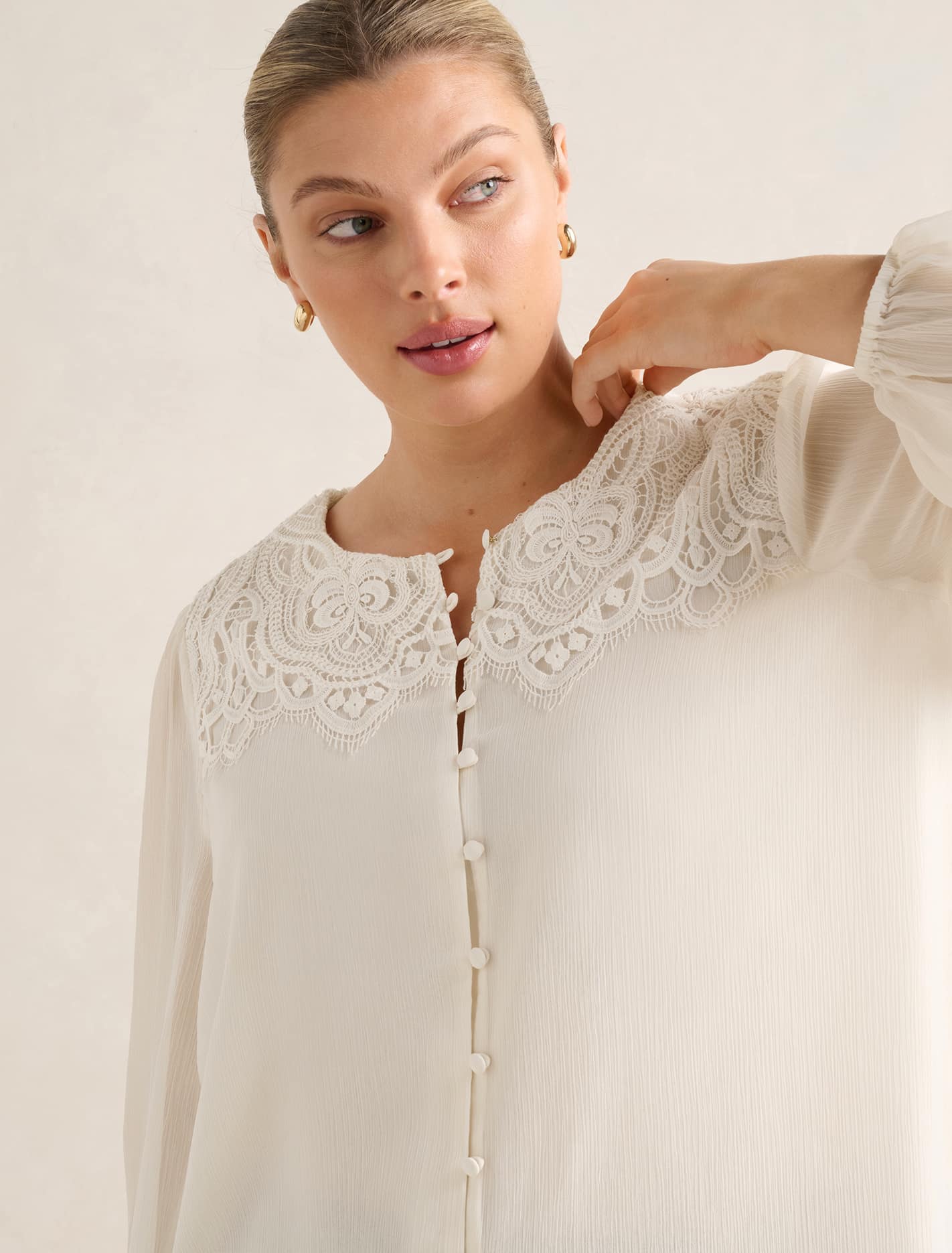 Zoe Curve Lace Yoke Blouse Ivory