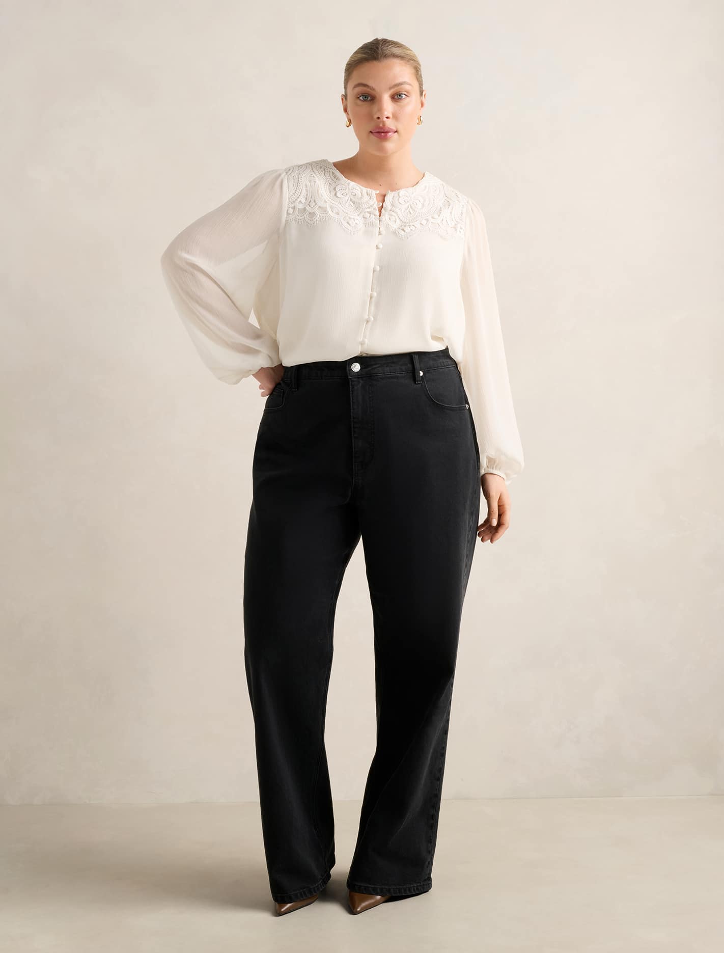 Zoe Curve Lace Yoke Blouse Ivory