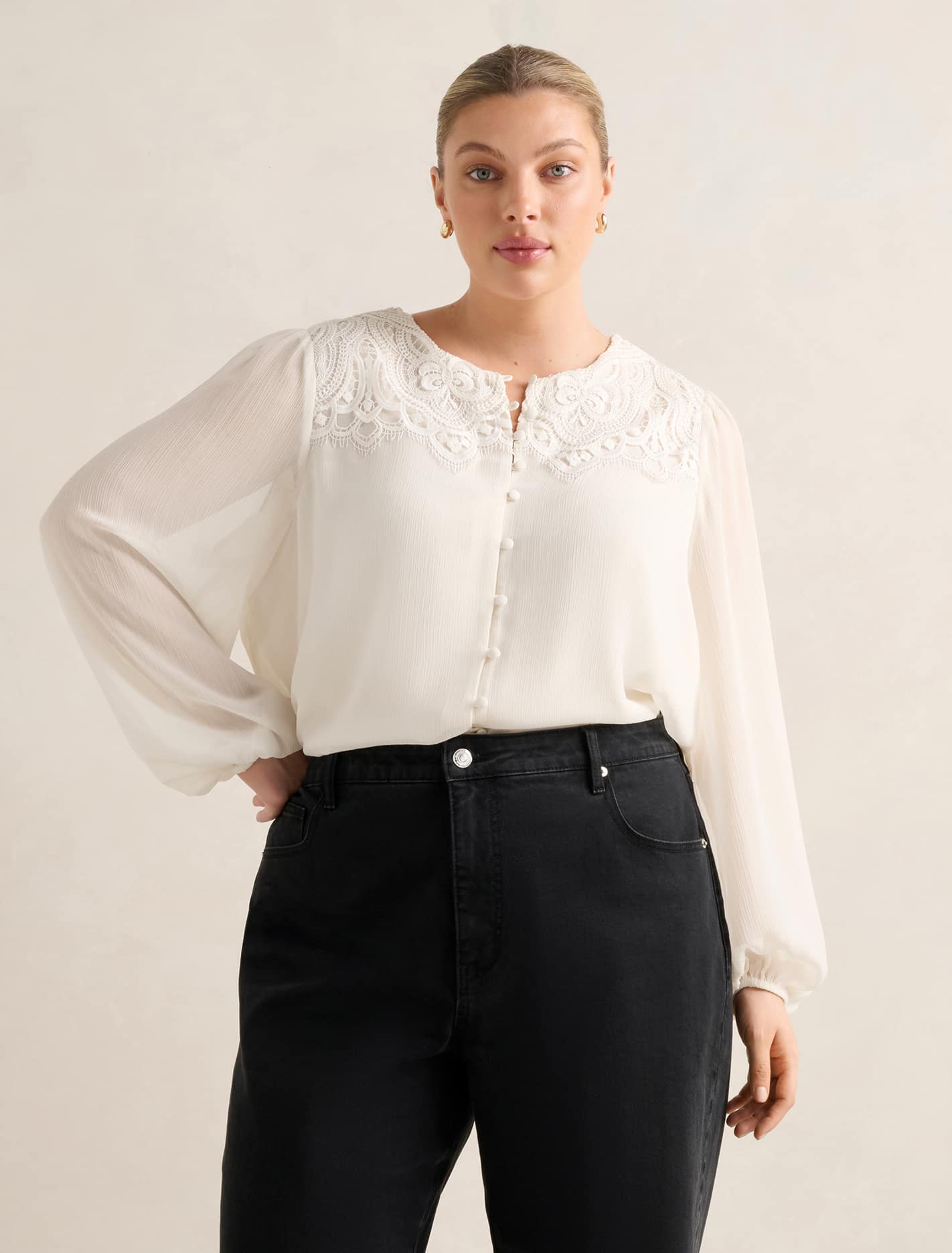 Zoe Curve Lace Yoke Blouse Ivory