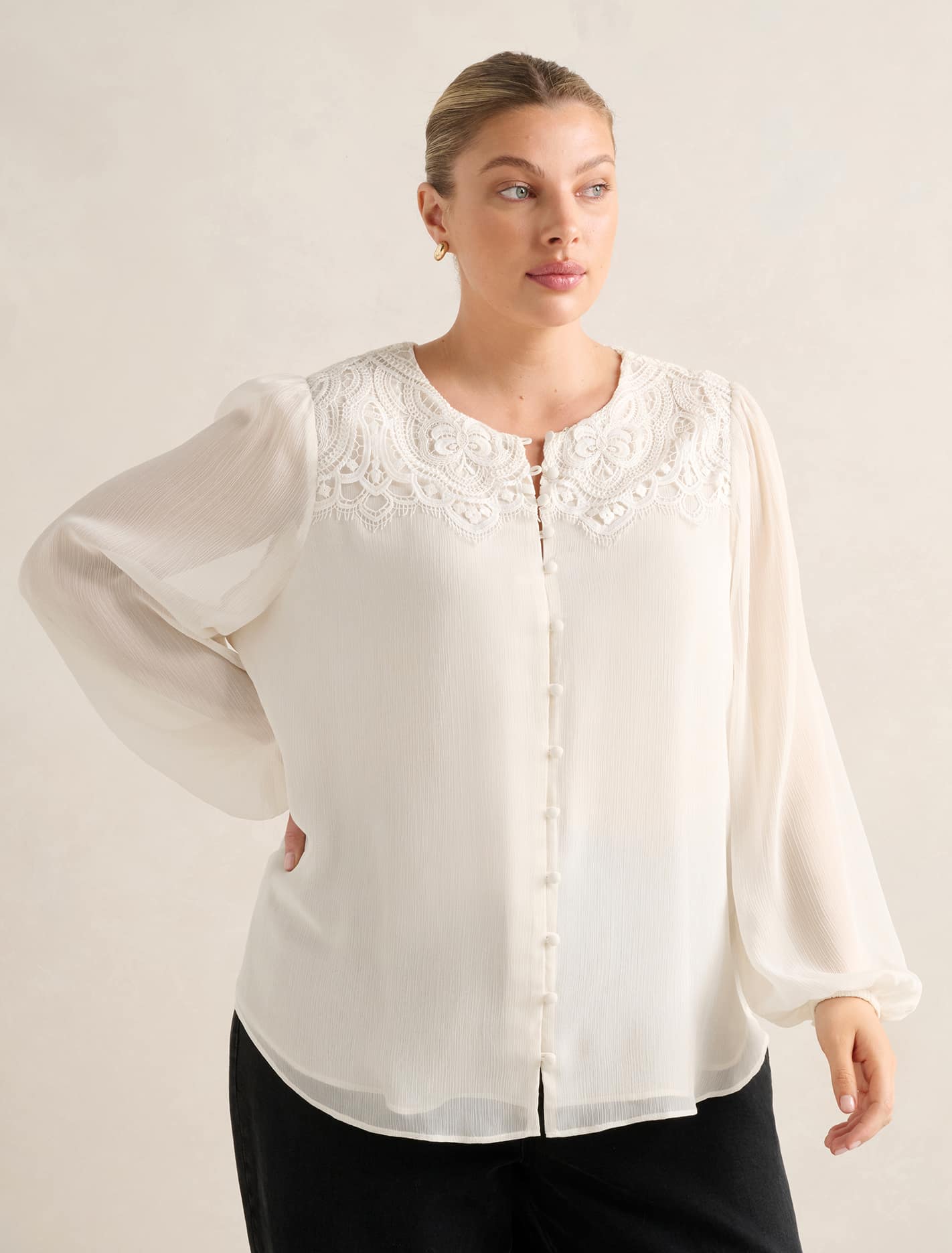 Zoe Curve Lace Yoke Blouse Ivory