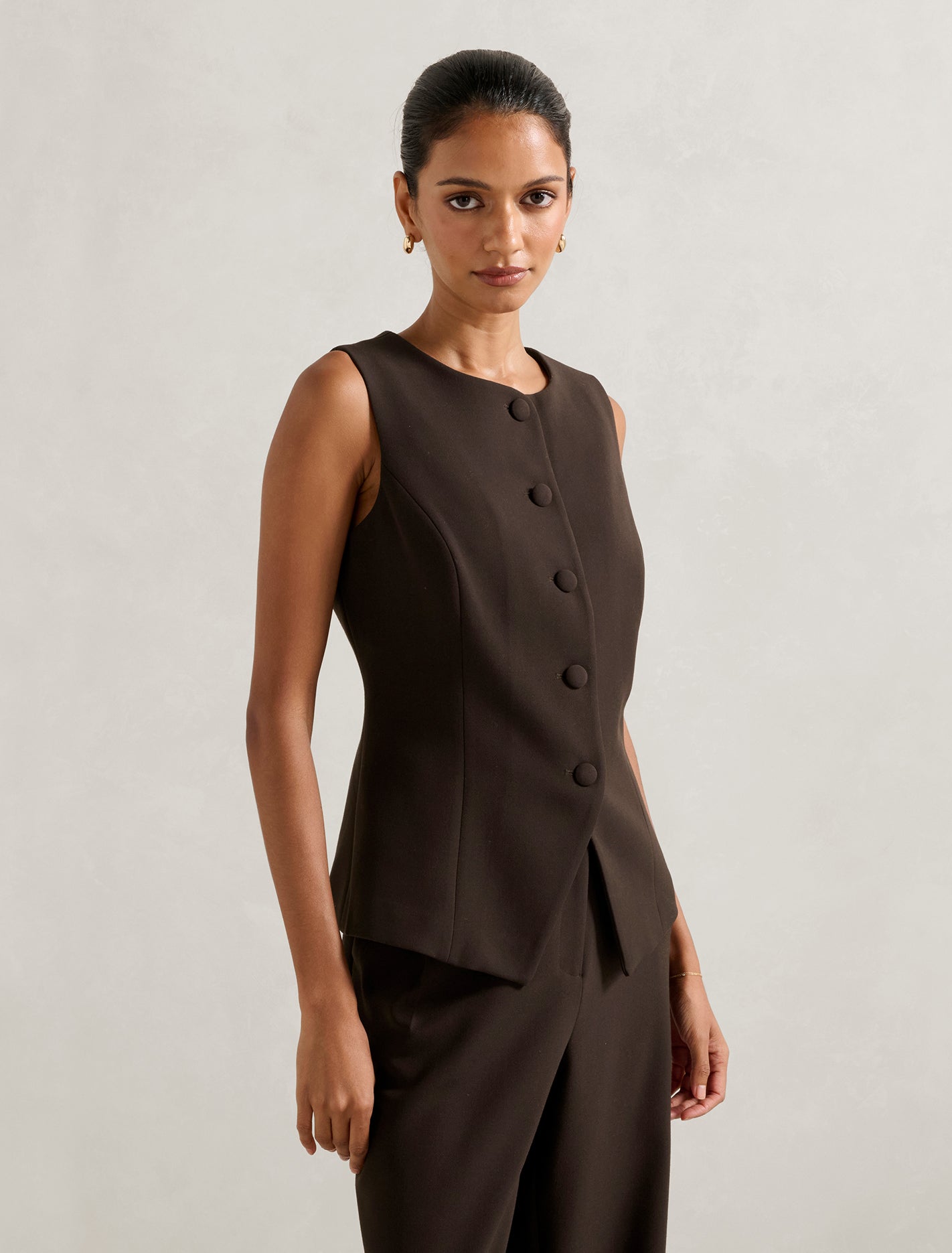 Orla Petite High Neck Waistcoat Chocolate Co-ord