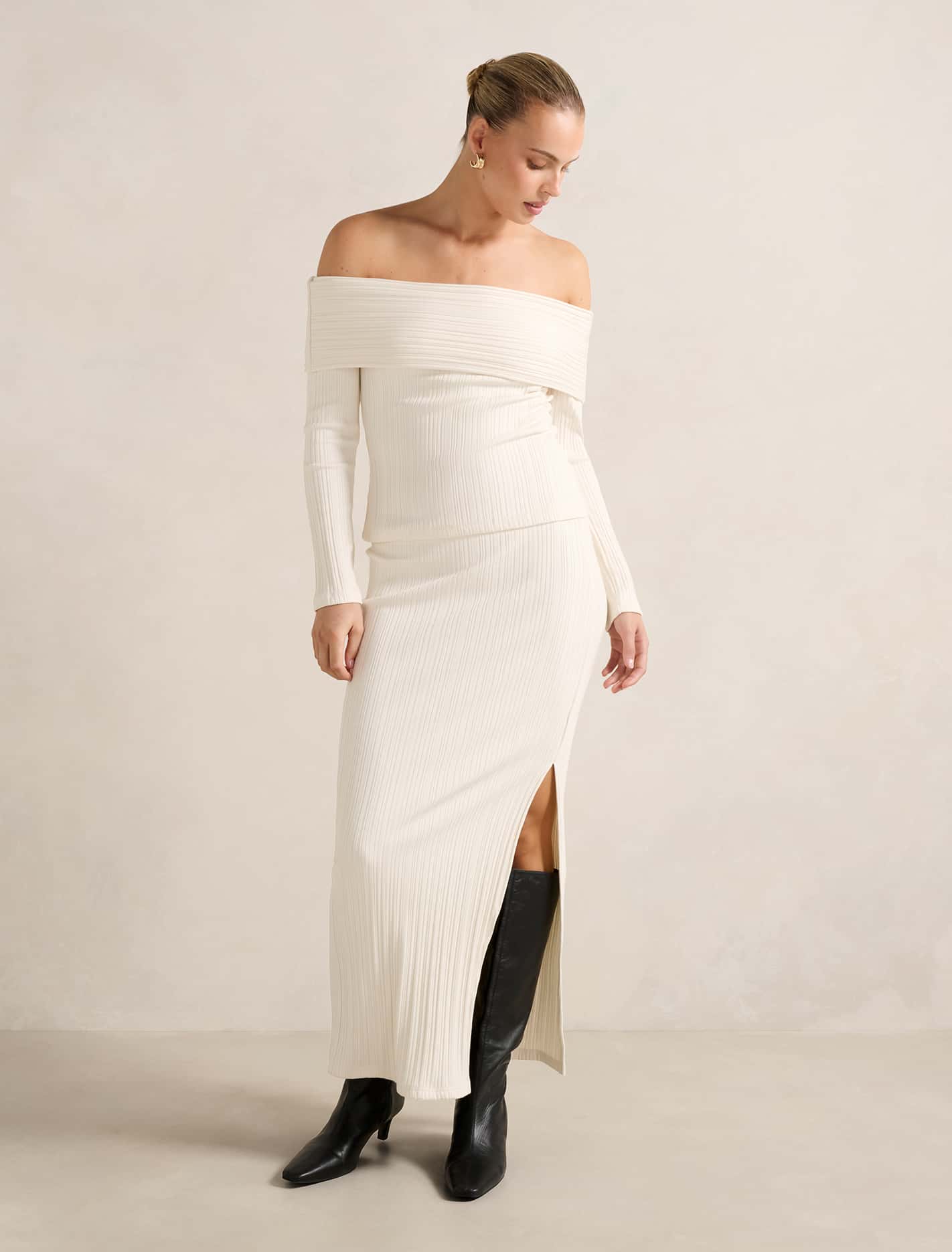 Maribella Ribbed Maxi Skirt Cream Co-ord