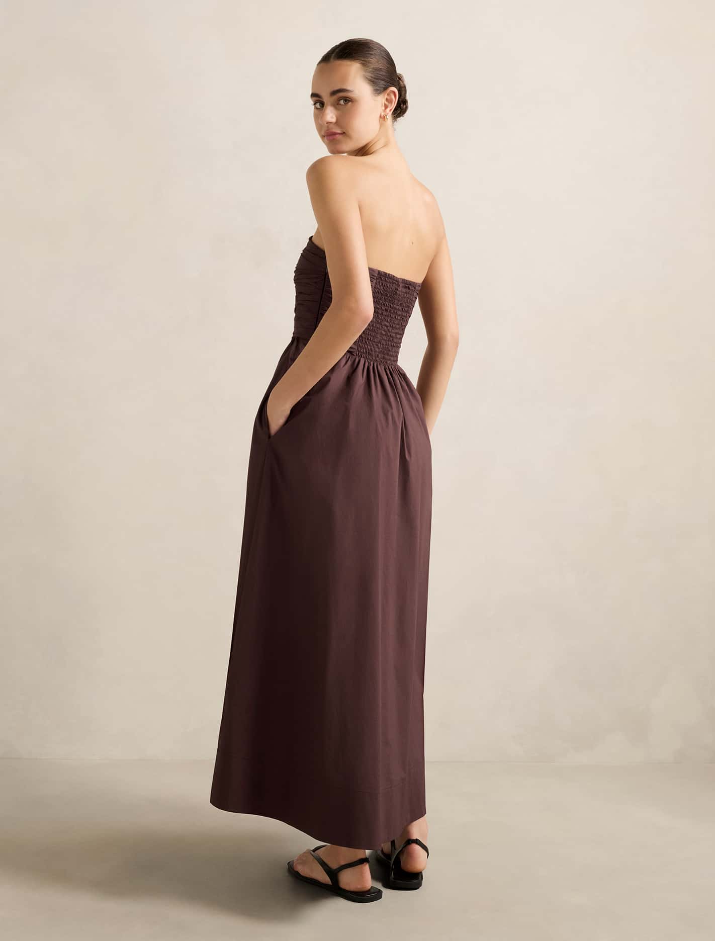 Matisse Ruched Strapless Cotton Midi Dress Chocolate