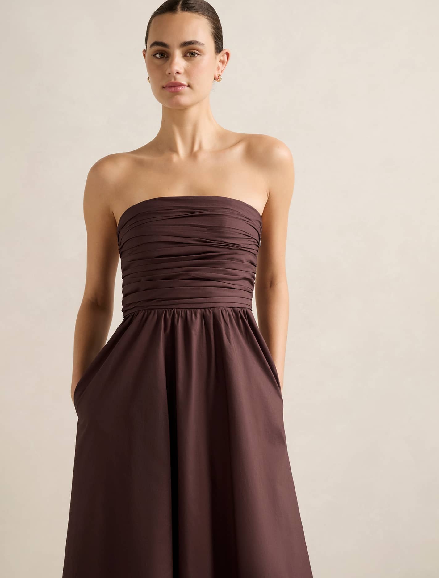 Matisse Ruched Strapless Cotton Midi Dress Chocolate