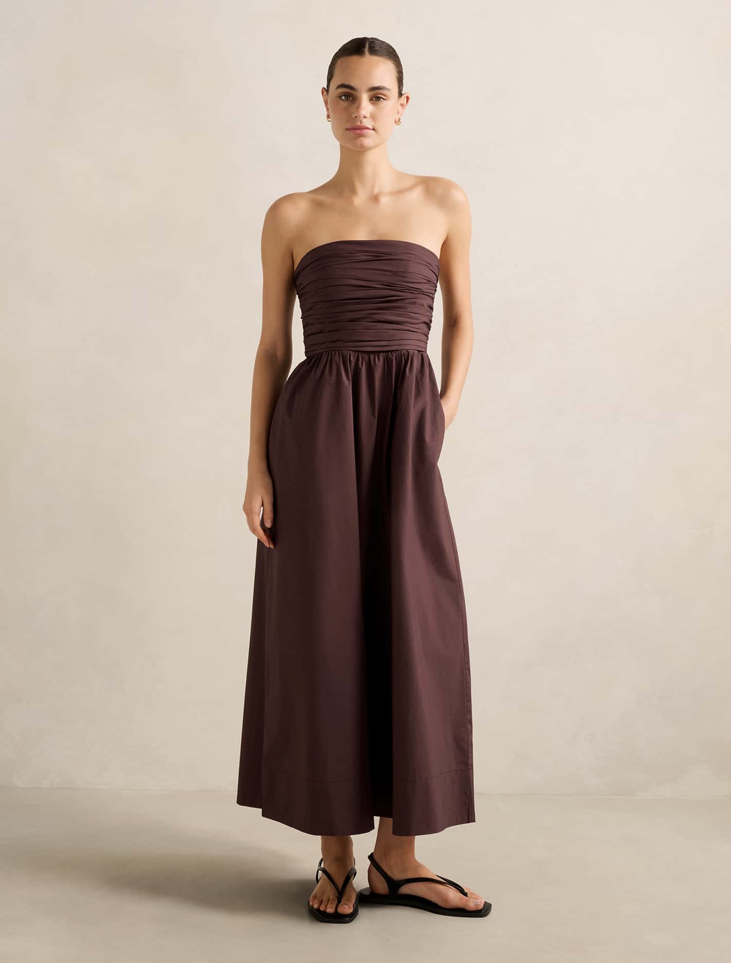 Matisse Ruched Strapless Cotton Midi Dress Chocolate
