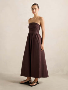 Matisse Ruched Strapless Cotton Midi Dress Chocolate