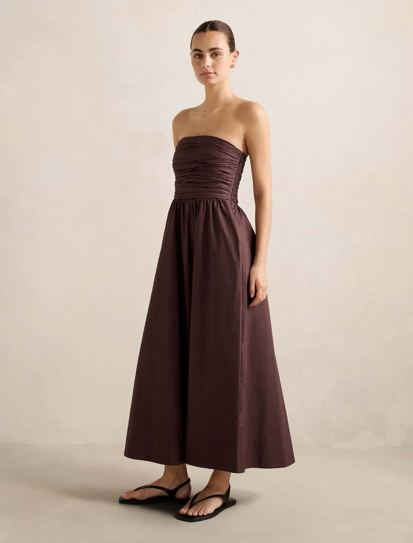 Matisse Ruched Strapless Cotton Midi Dress Chocolate