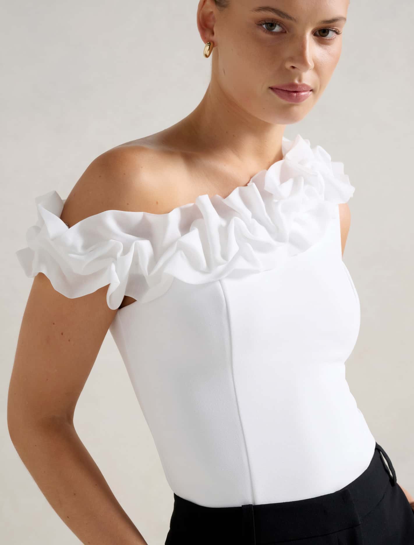 Sadie Tipped Shoulder Ruffle Top Porcelain