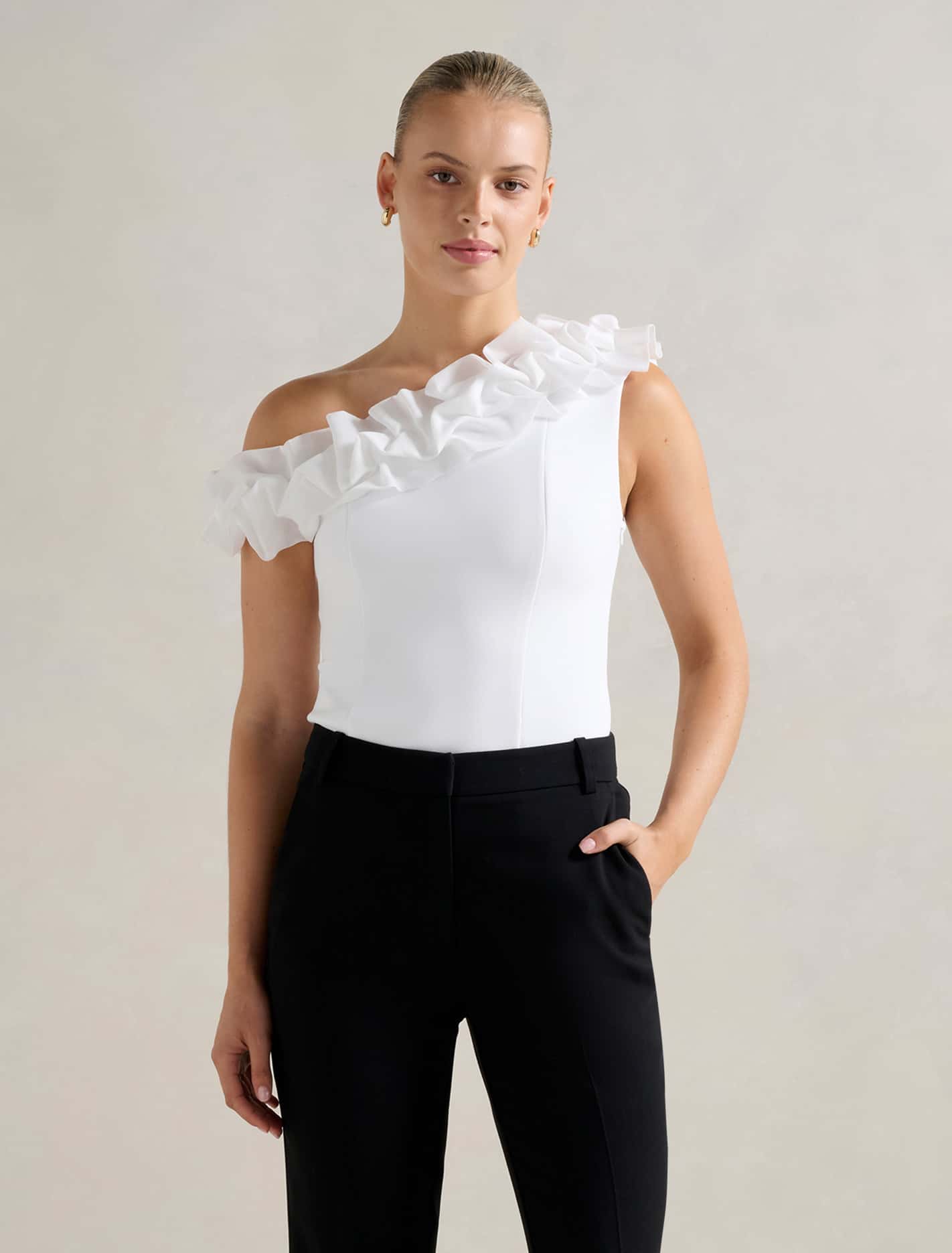 Sadie Tipped Shoulder Ruffle Top Porcelain