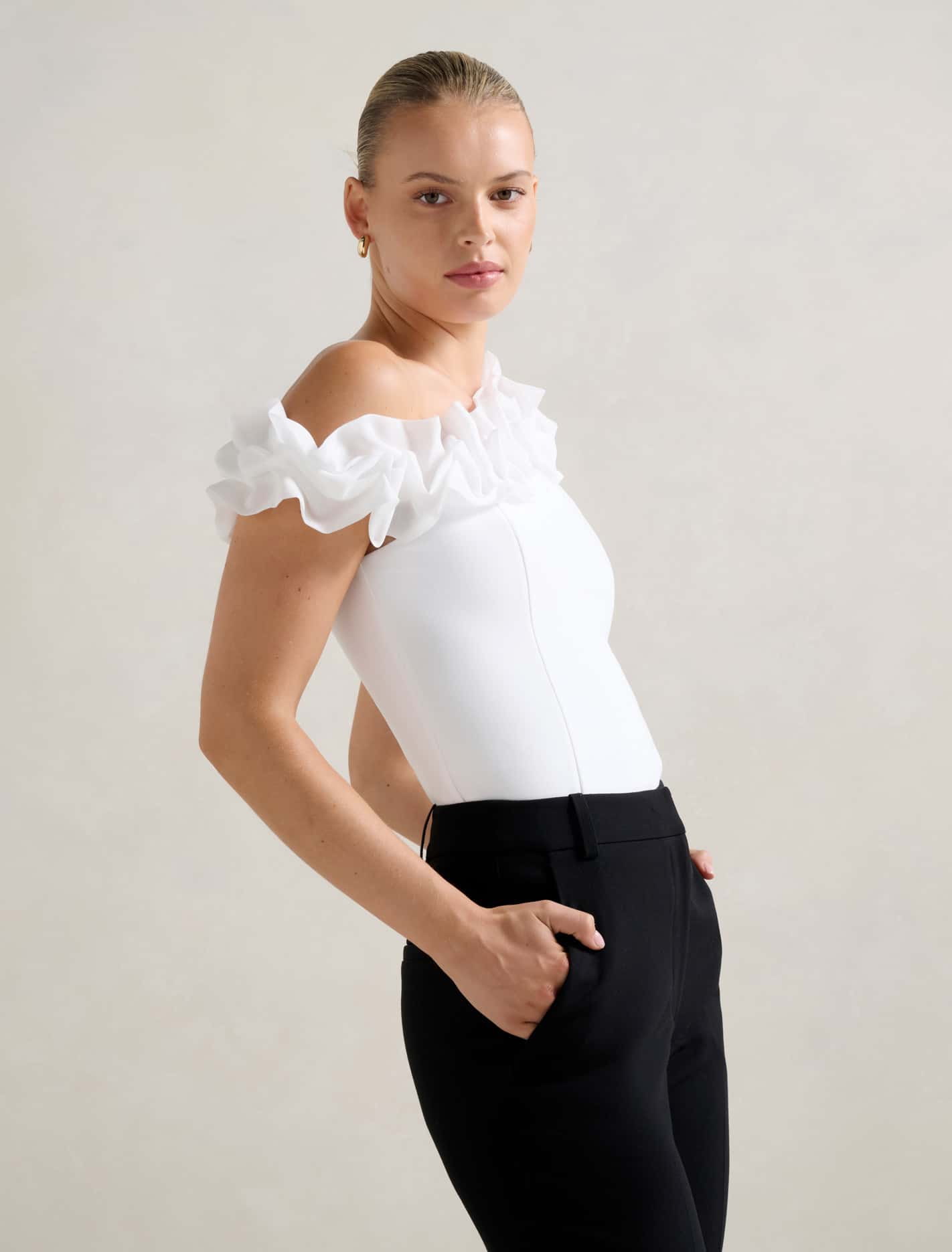 Sadie Tipped Shoulder Ruffle Top Porcelain
