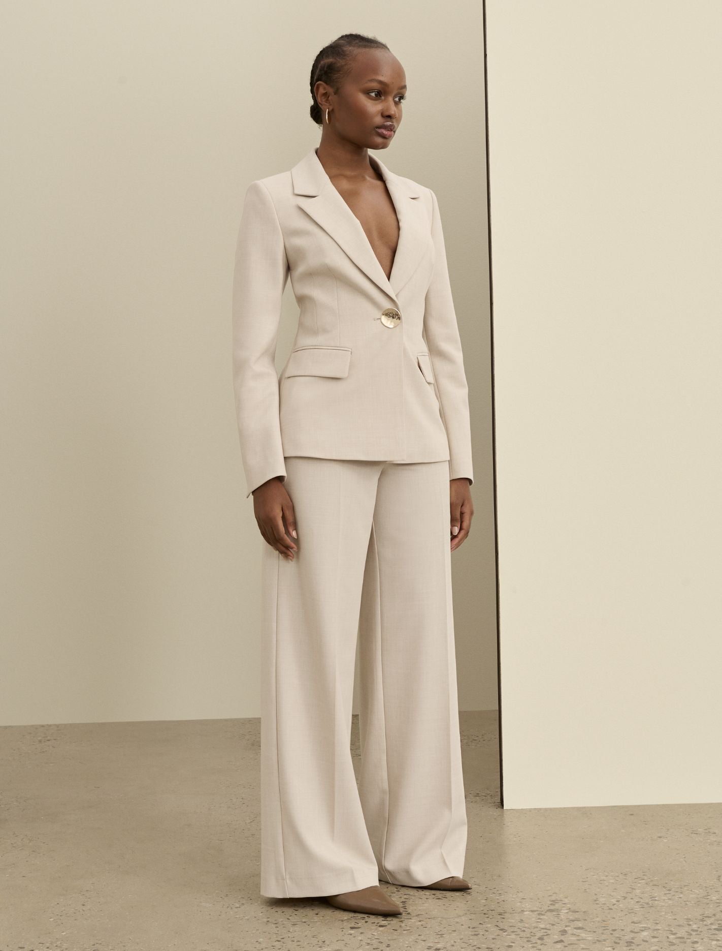 Lulu Gold-Button Blazer Milk Marle Suit