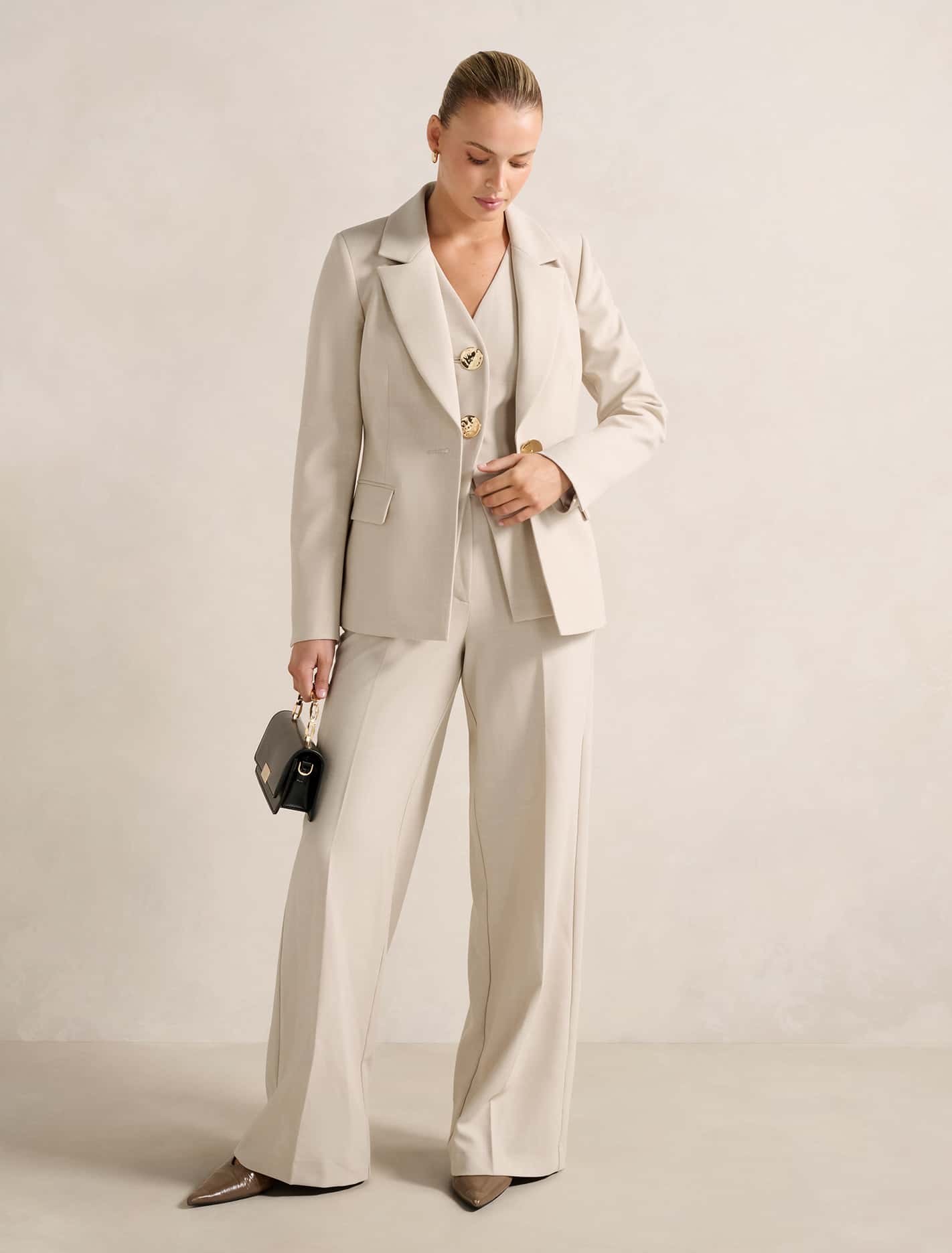 Lulu Gold-Button Blazer Milk Marle Suit