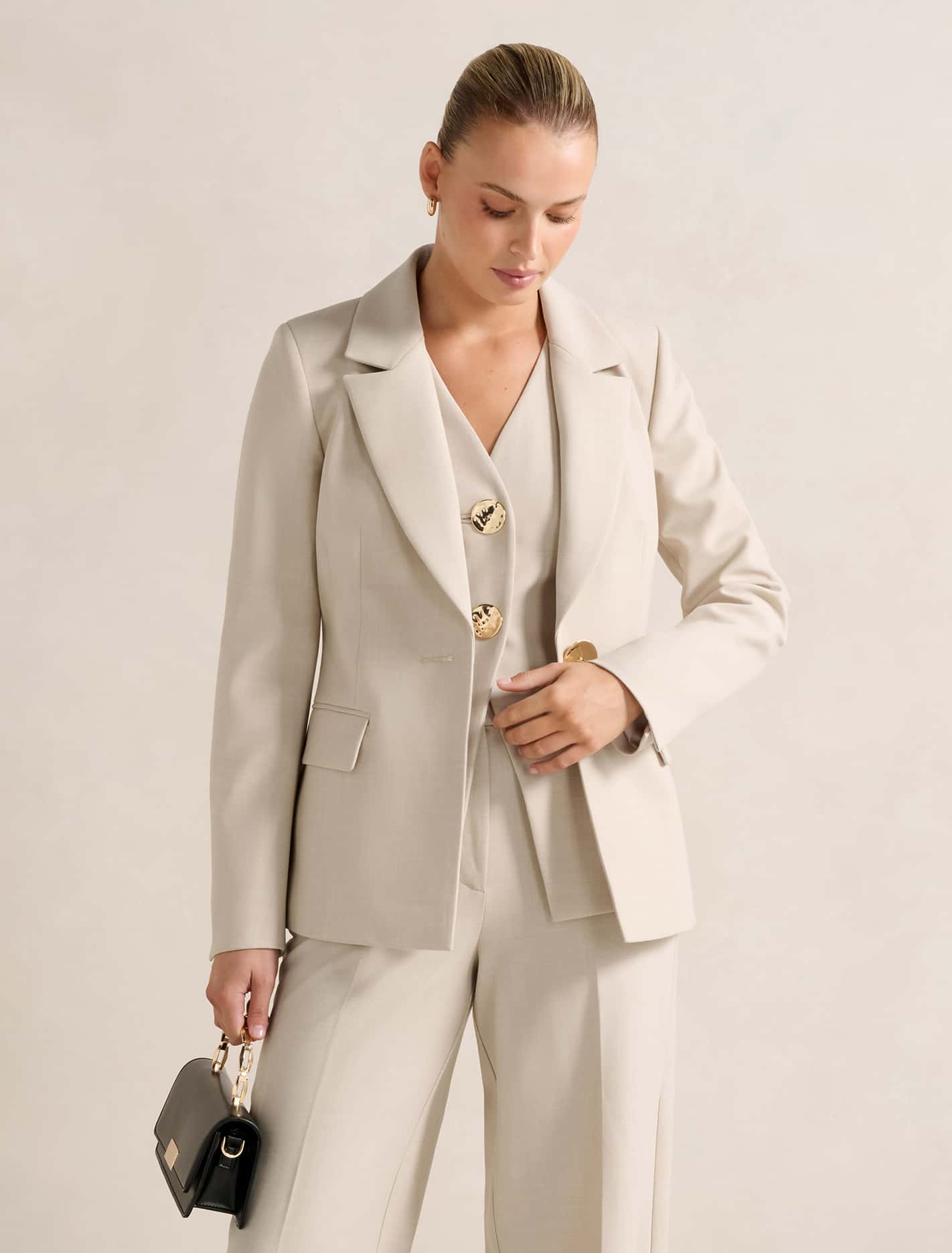 Lulu Gold-Button Blazer Milk Marle Suit