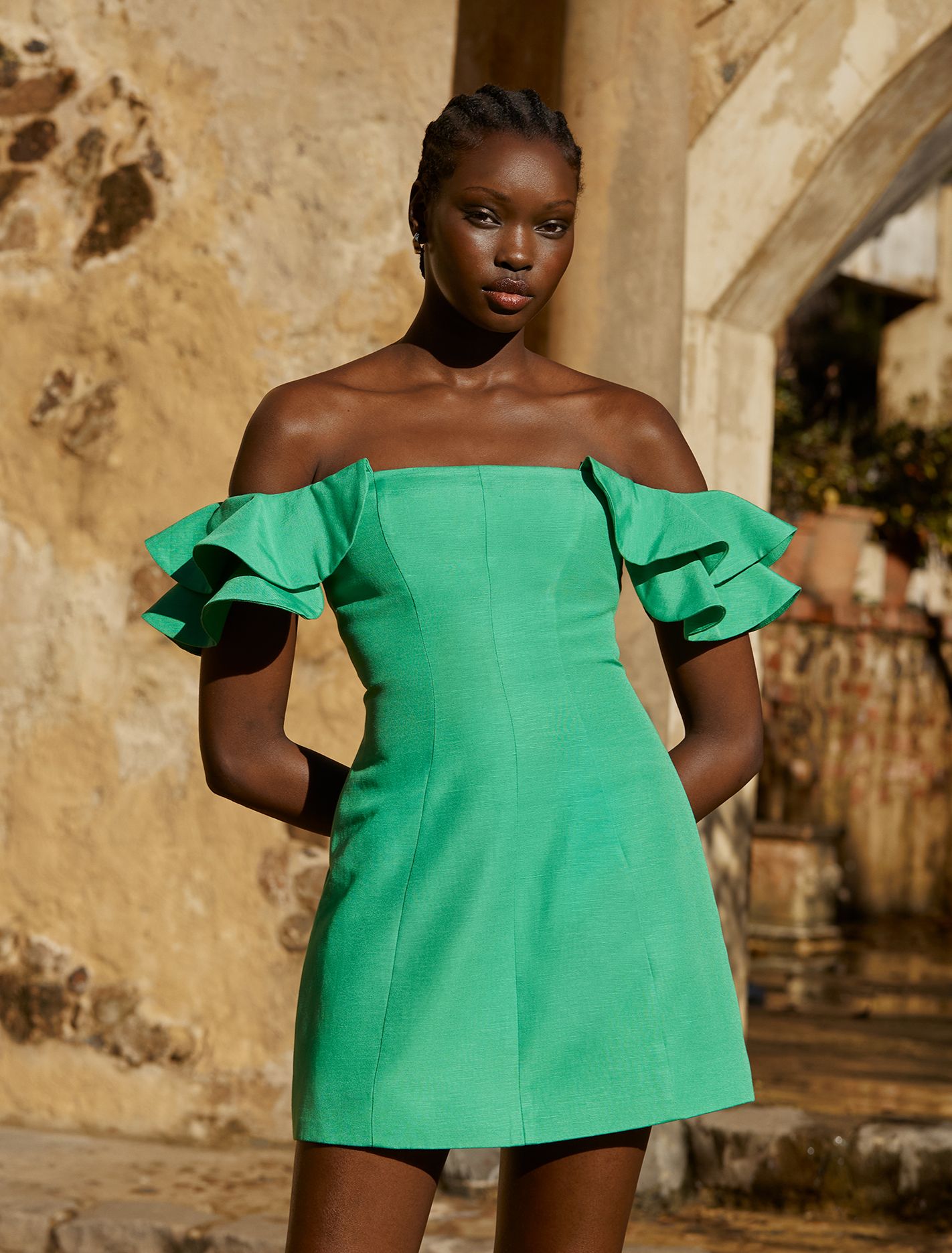 Kenzie Off Shoulder Ruffle Mini Holly Green