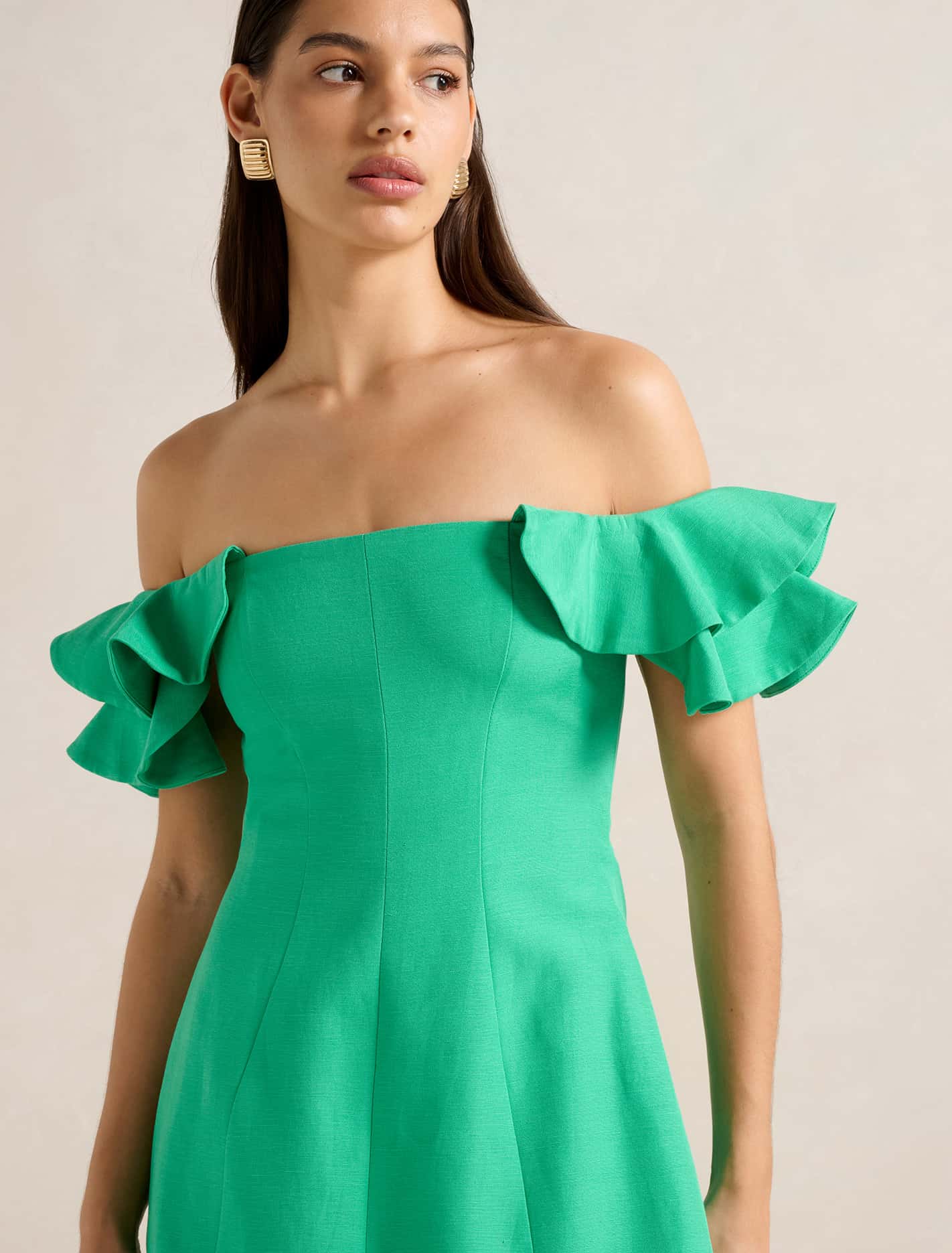 Kenzie Off Shoulder Ruffle Mini Holly Green
