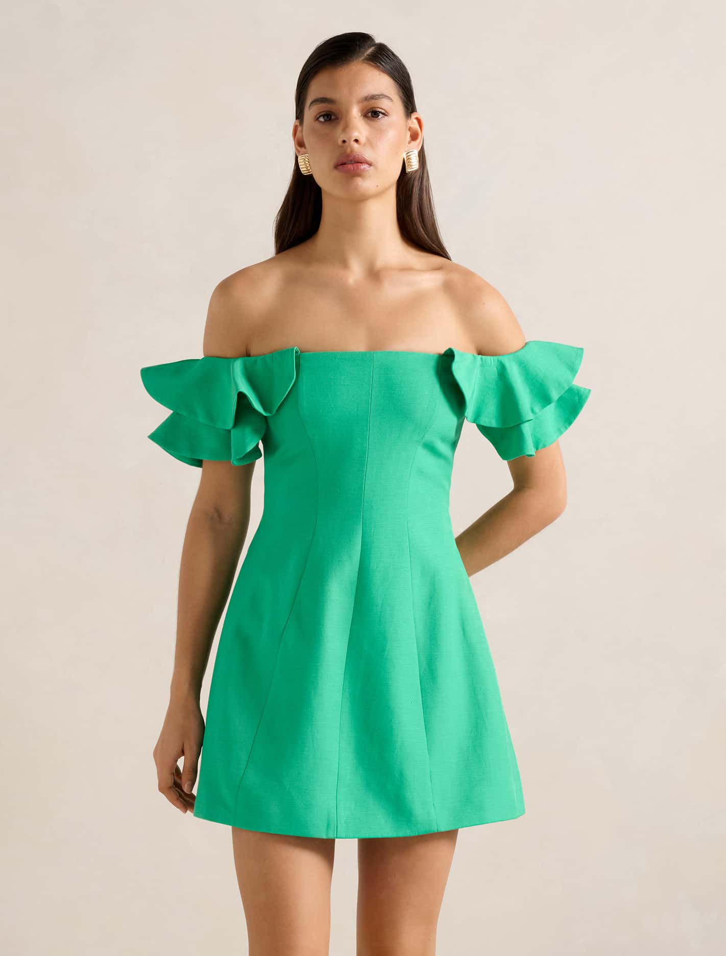 Kenzie Off Shoulder Ruffle Mini Holly Green