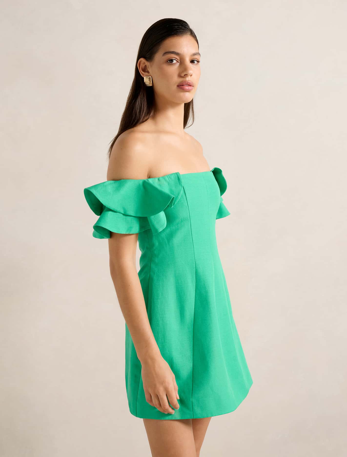 Kenzie Off Shoulder Ruffle Mini Holly Green