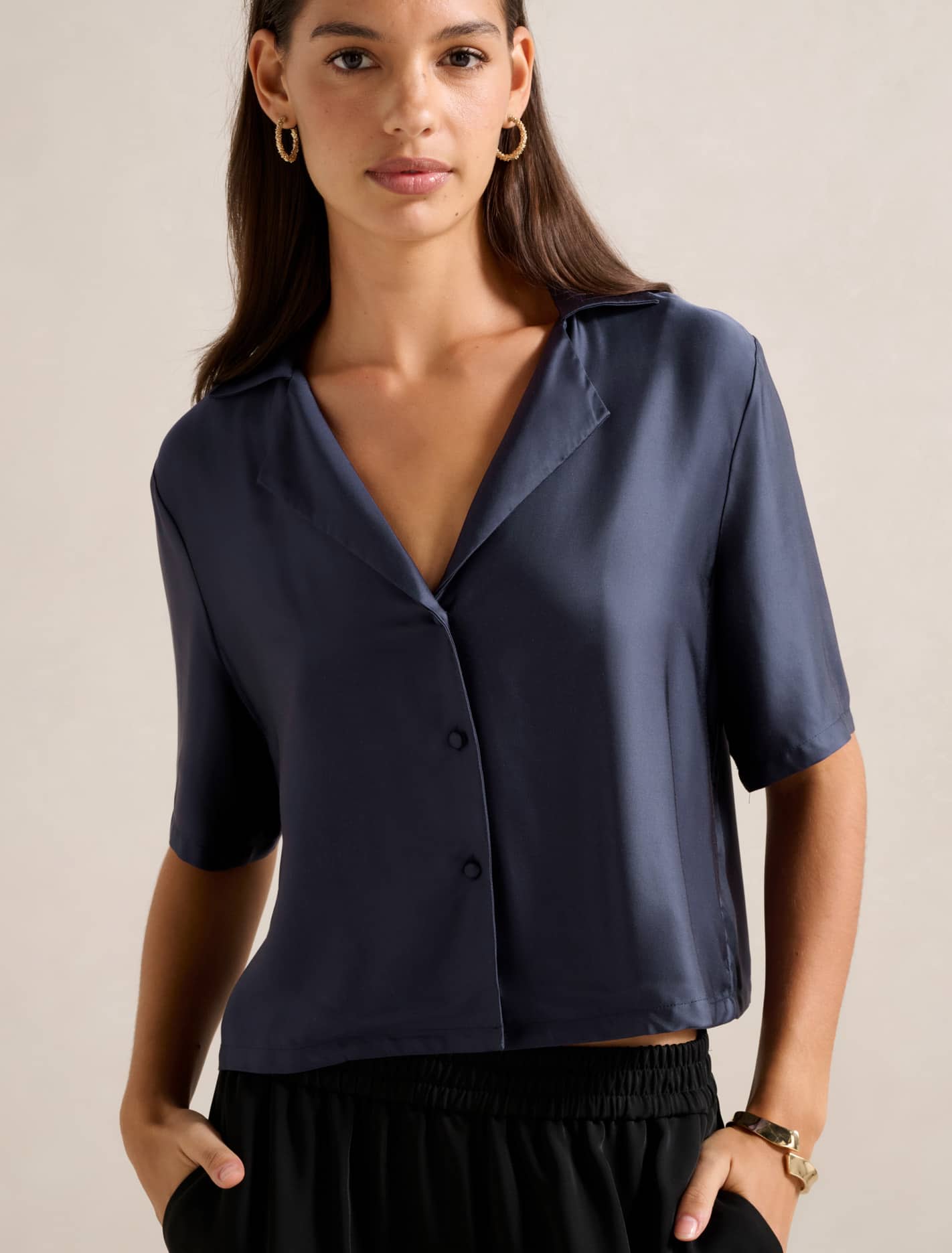 Anika Crop Satin Shirt Starry Night