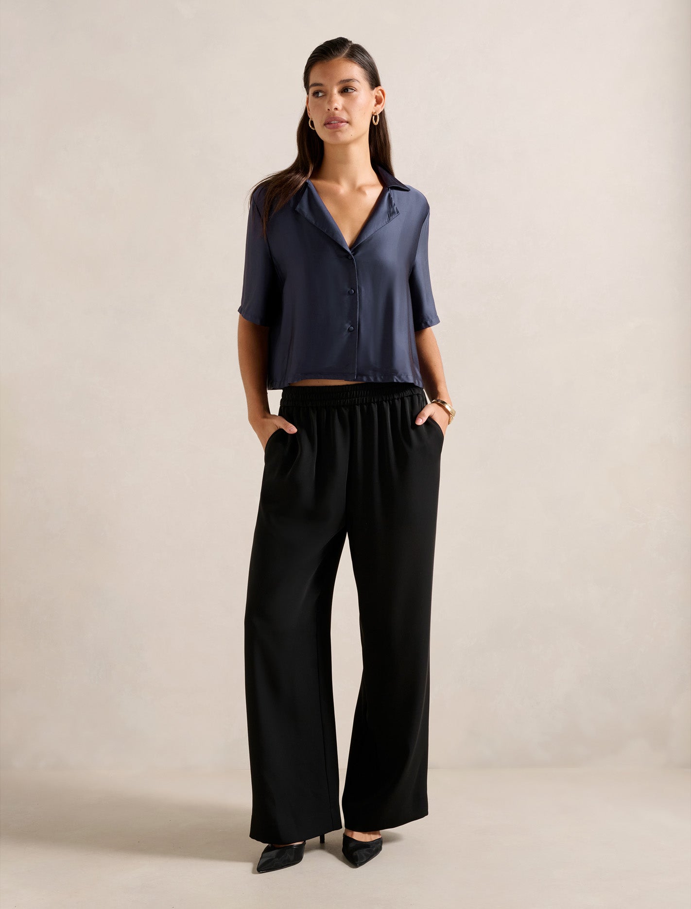Anika Crop Satin Shirt Starry Night