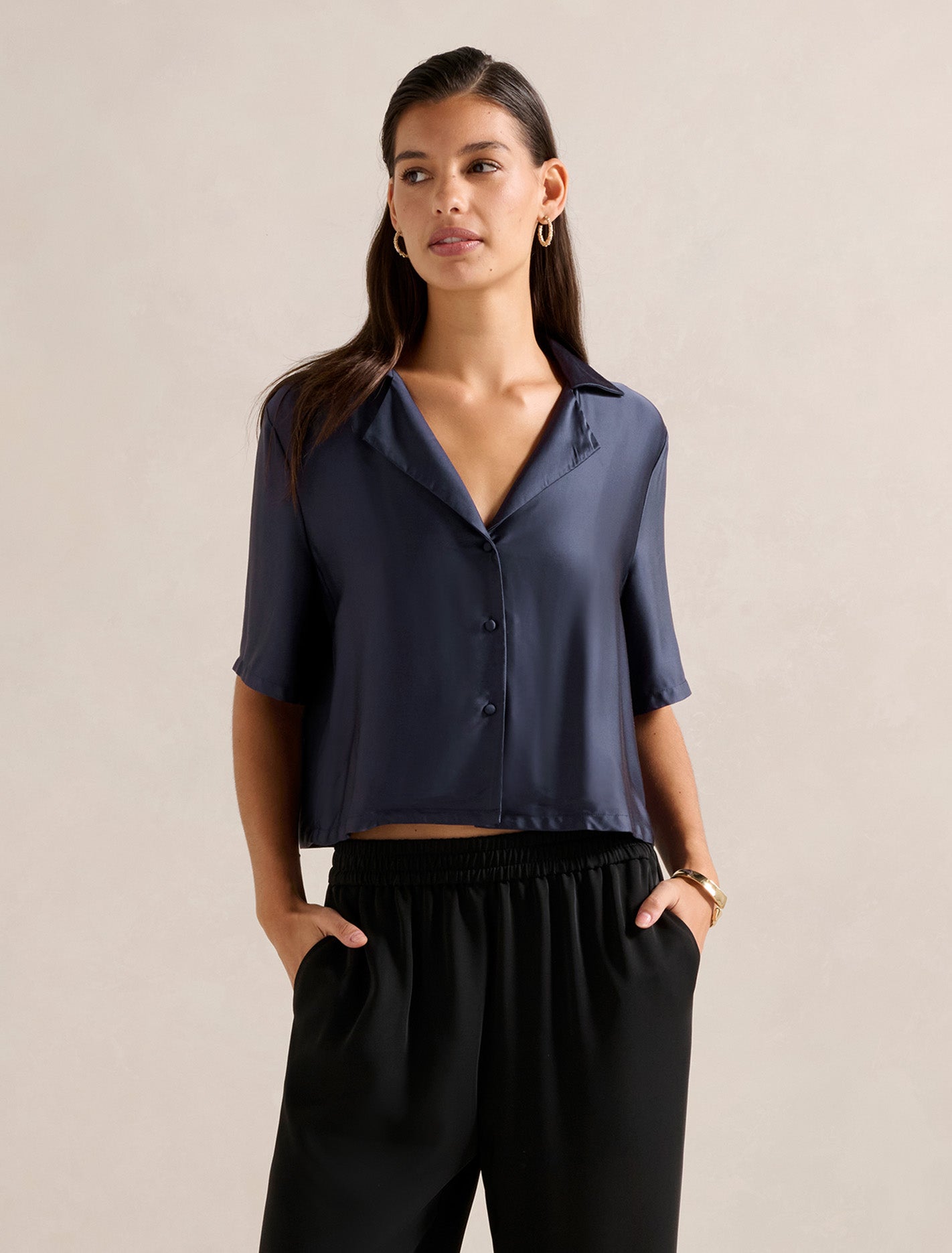 Anika Crop Satin Shirt Starry Night