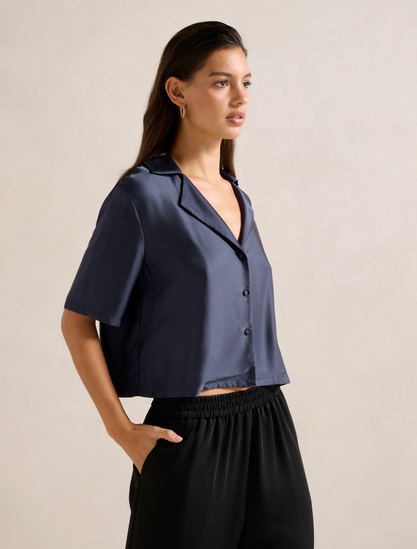 Anika Crop Satin Shirt Starry Night