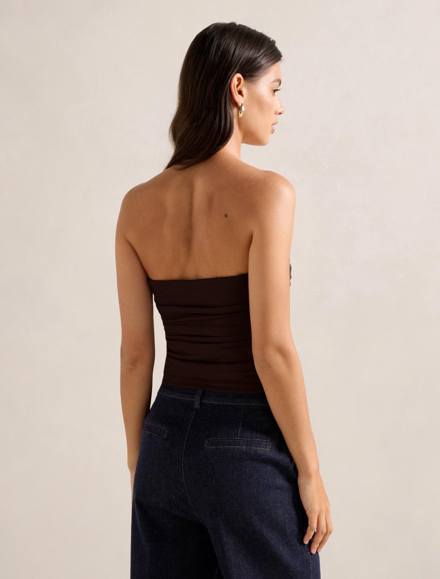 Tayla Ruched Mesh Bandeau Top Chocolate