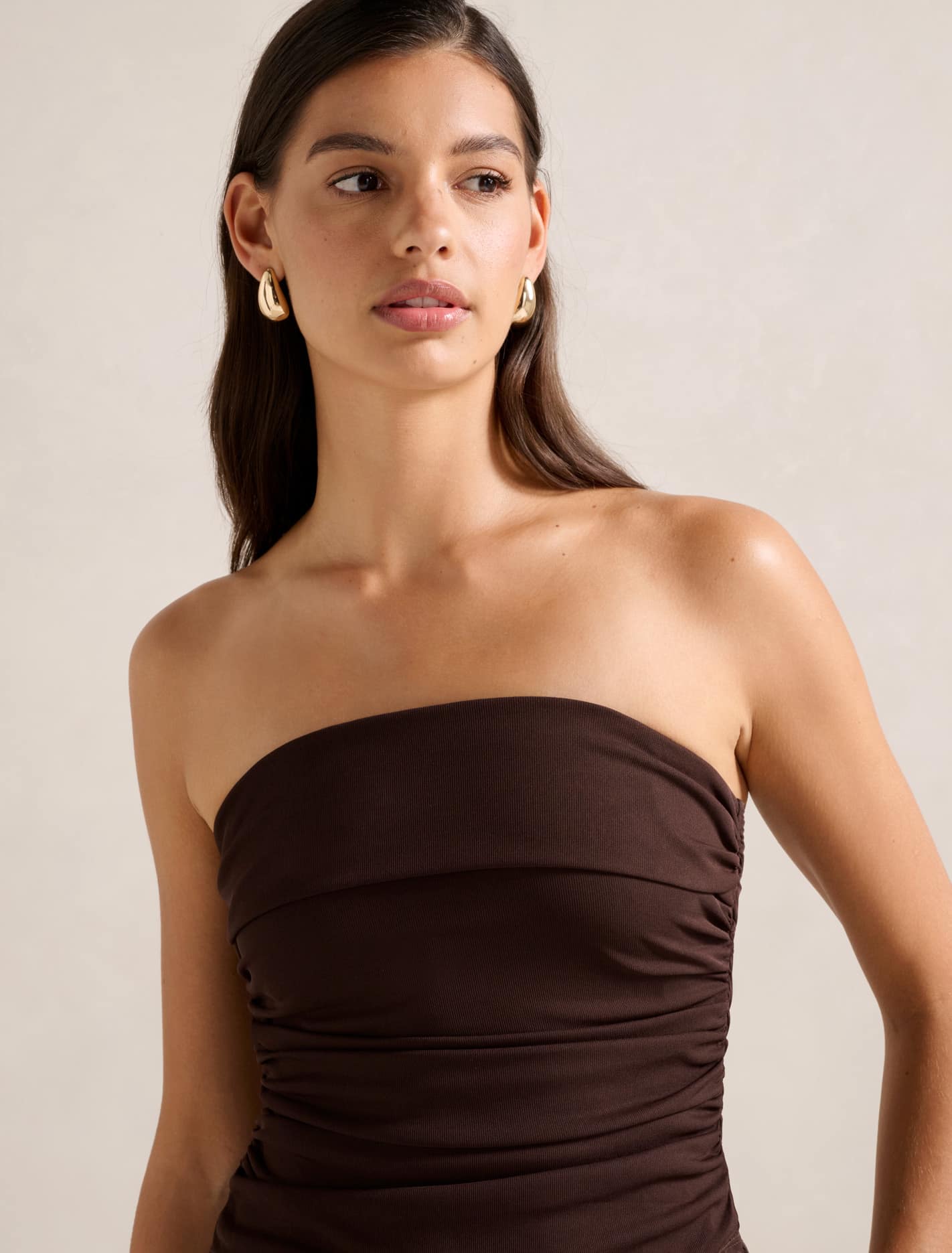 Tayla Ruched Mesh Bandeau Top Chocolate