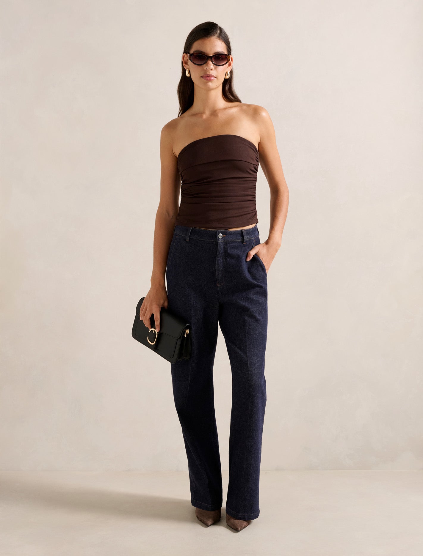 Tayla Ruched Mesh Bandeau Top Chocolate