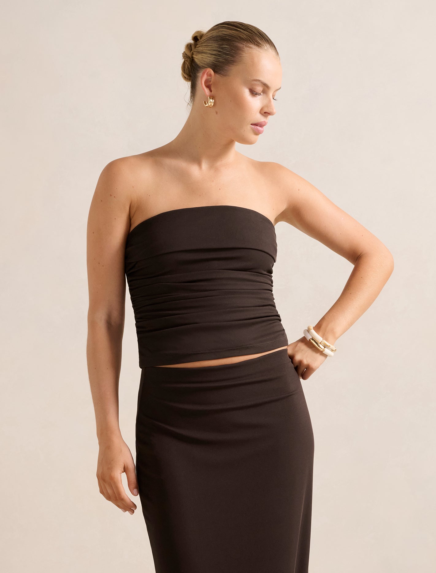 Tayla Ruched Mesh Bandeau Top Chocolate
