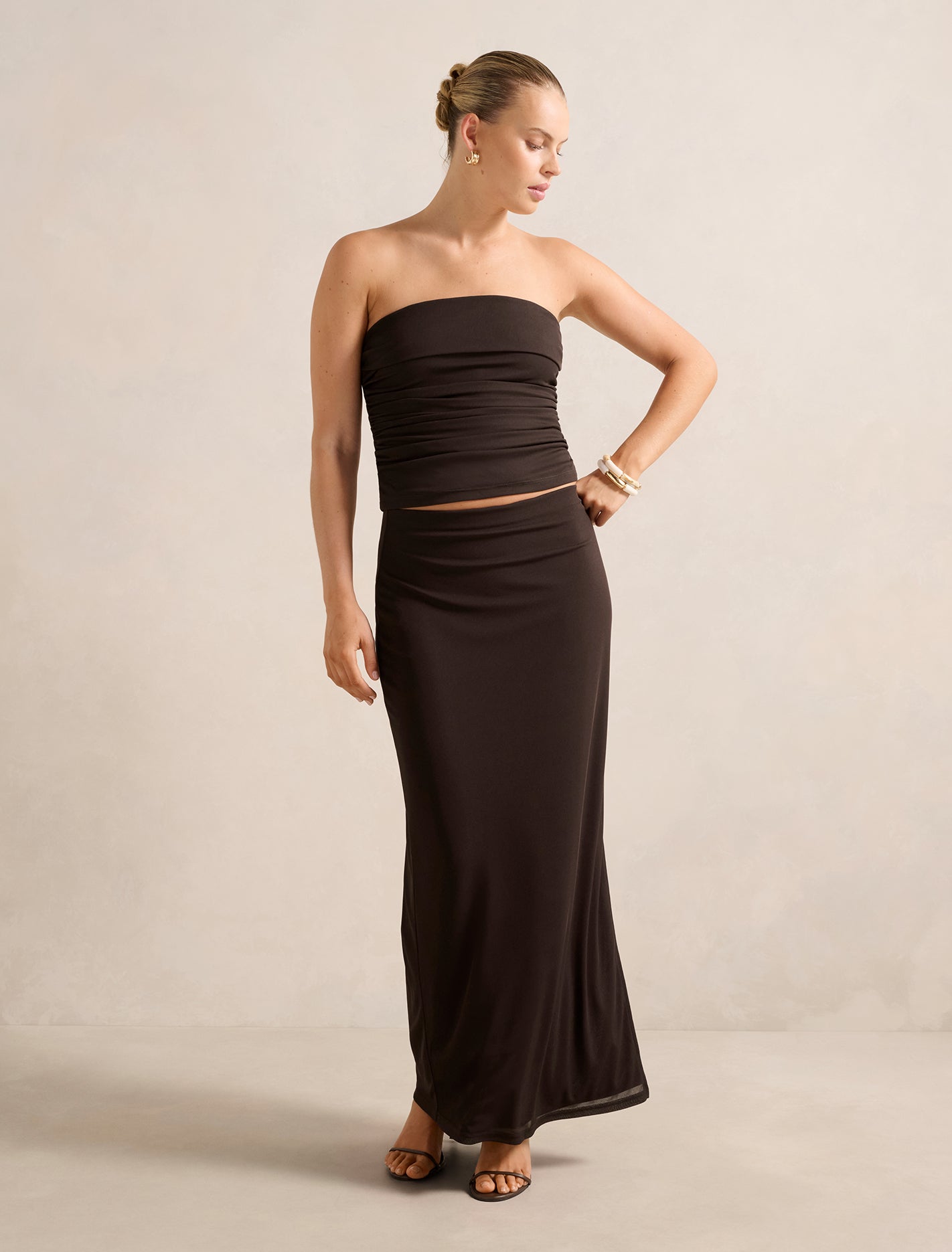 Tayla Ruched Mesh Bandeau Top Chocolate