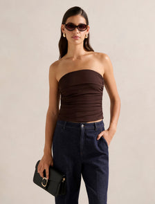 Tayla Ruched Mesh Bandeau Top Chocolate