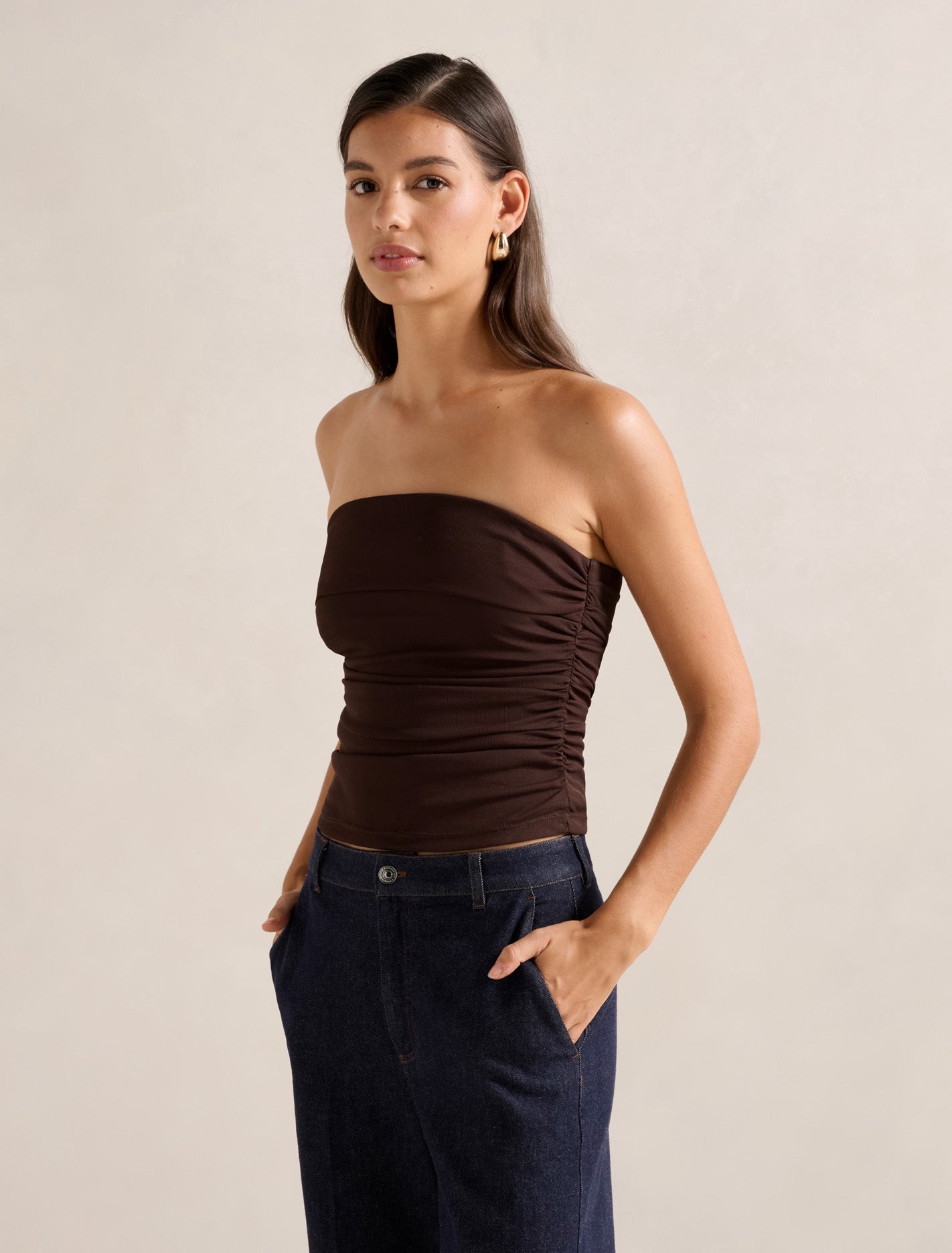 Tayla Ruched Mesh Bandeau Top Chocolate