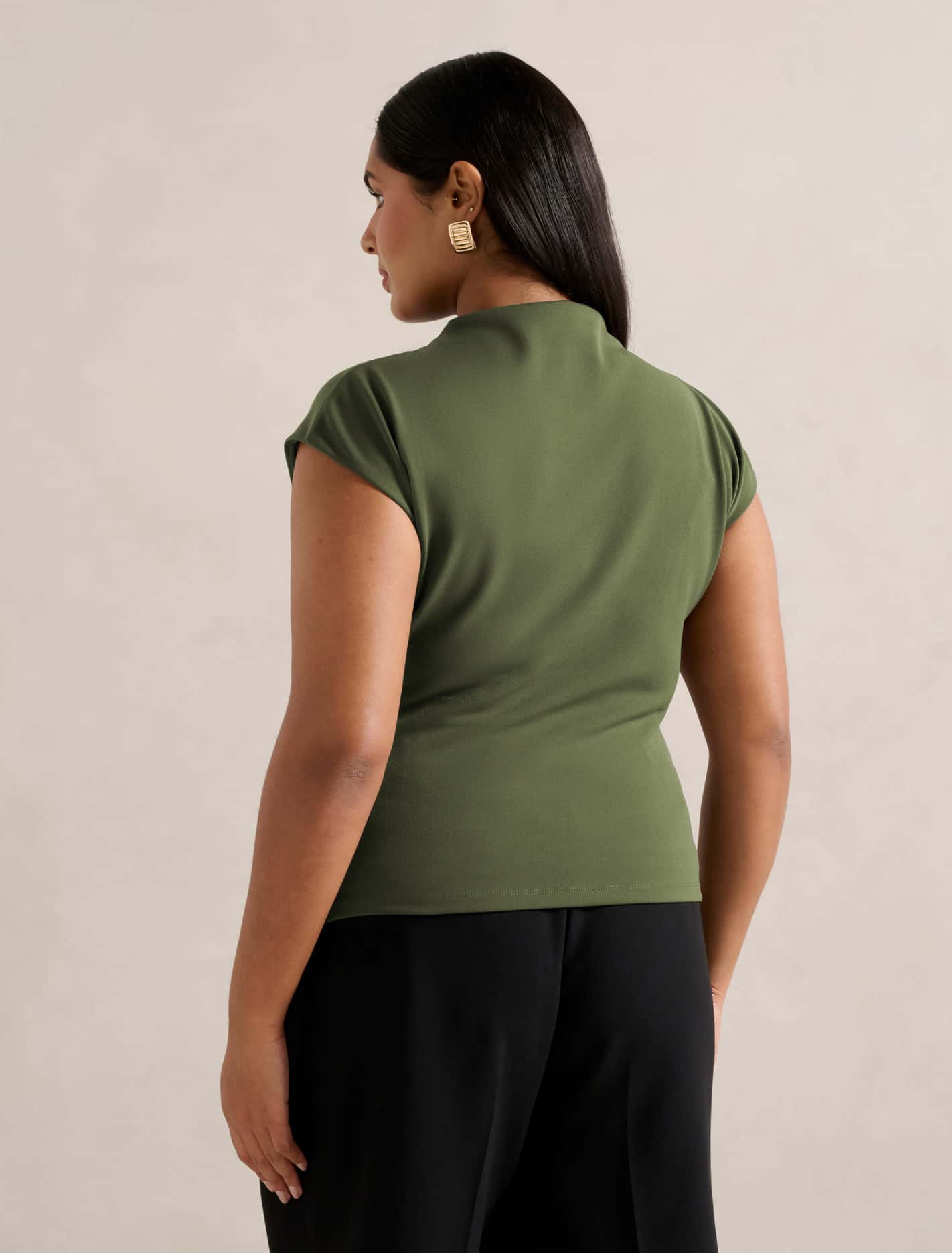 Leenah Curve Grown-on Neck Top Dark Green
