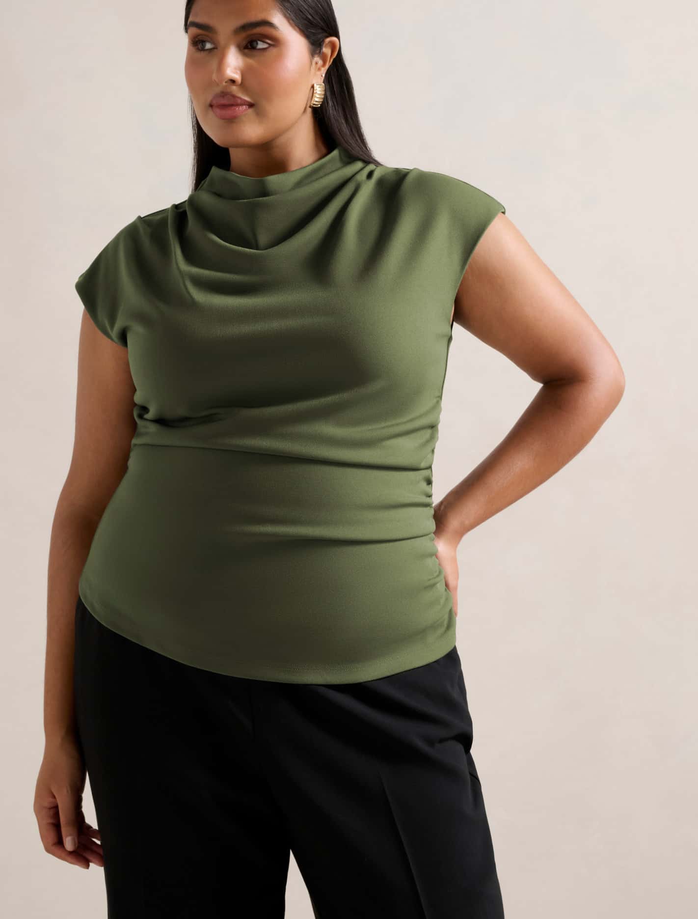 Leenah Curve Grown-on Neck Top Dark Green