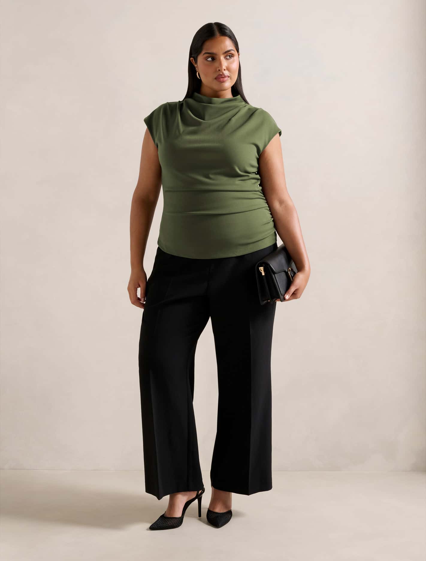 Leenah Curve Grown-on Neck Top Dark Green